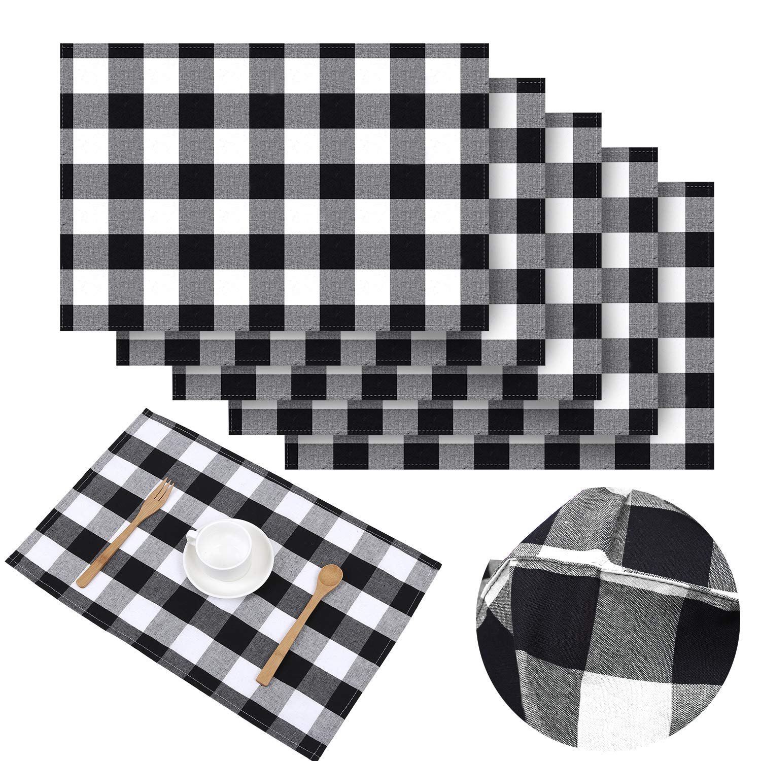 Aneco 6 Pack Buffalo Plaid Cotton Placemats - 13x19 Inch Checkered Double Layer Table Mats for Kitchen Dining, Black and White - Perfect for Holiday Decor, Farmhouse Style & Everyday Use