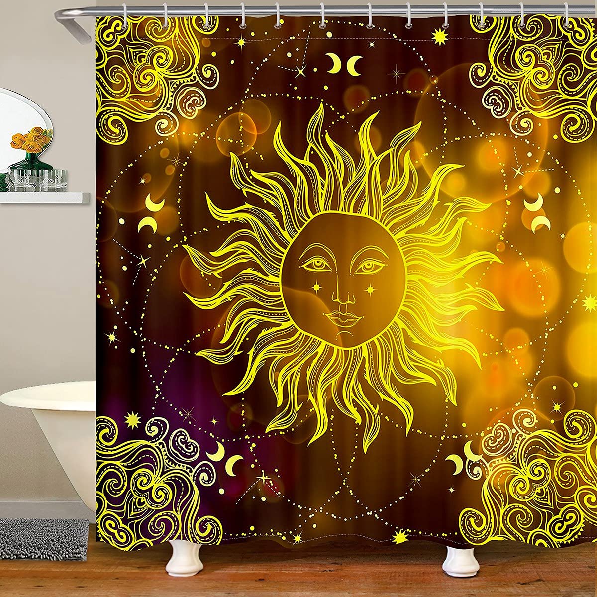 Boho Sun Bathroom Accessories Set - Bohemian Stars Moon Shower Curtain with Exotic Mandala Floral Design for Kids, Teens & Adults - 72x72 Inch Psychedelic Bath Curtain - Perfect for Boho Chic Bathrooms, Dorm Decor & Spa Retreats