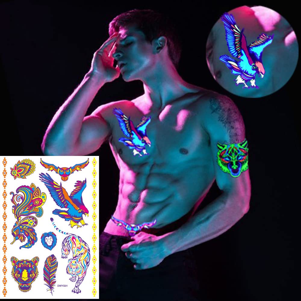 Glow in the Dark UV Neon Temporary Tattoos - Waterproof Fake Tattoo Stickers for Women, Men & Kids (Eagle, Lion, Tiger, Armband Designs) - 21x15cm Body Art for Parties, Festivals & Cosplay