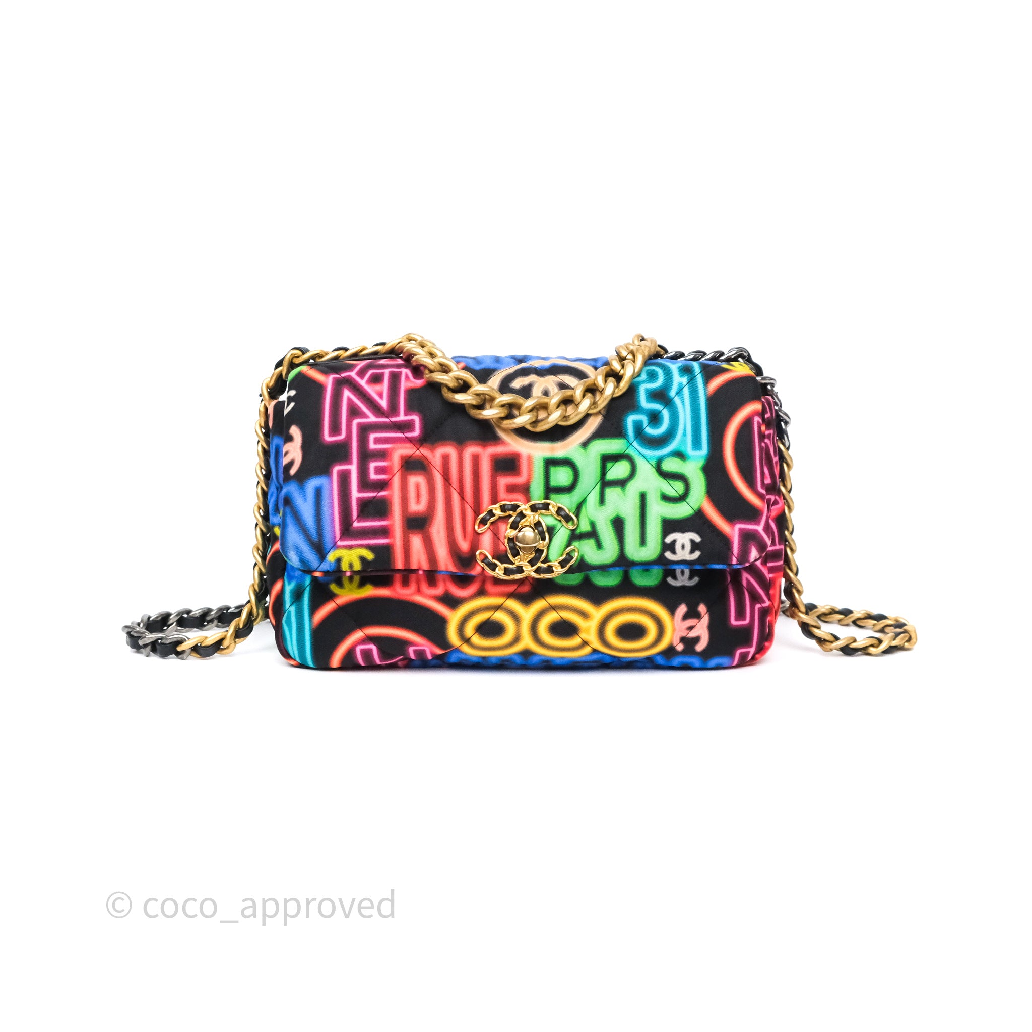 Chanel 19 Small Handbag Black Multicolor Fabric Printed Mixed Hardware - Luxury Designer Crossbody Bag for Women, Perfect for Date Night & Evening Events