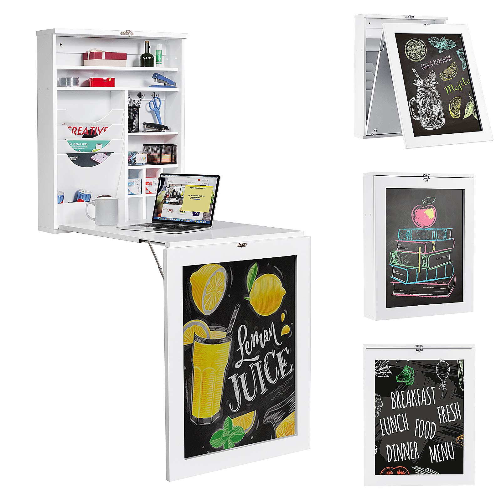Tangkula Wall Mounted Floating Desk with Chalkboard - Space Saving Foldable Wall Desk with Storage Shelves & Hooks, No Assembly Required - Perfect for Small Spaces, Home Office & Dorm Rooms