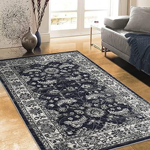 Distressed Midnight Blue & Grey Rectangular Accent Area Rug with Ivory Persian Vine Design - 7'6