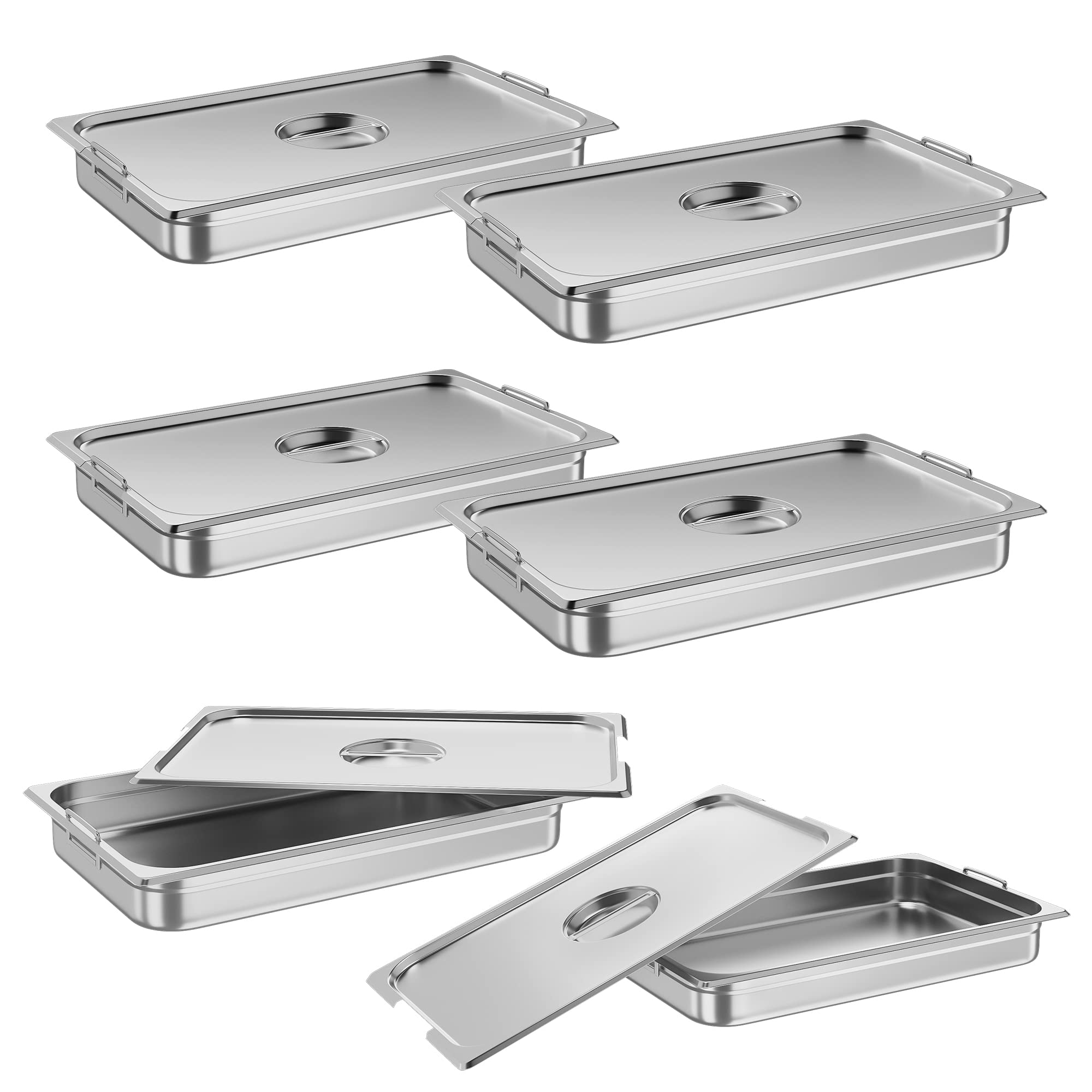 6 Pack NSF Certified Stainless Steel Full Size Food Pans - 2.5 Inch Deep Commercial Catering Hotel Pans with Handle & Lid - Anti-Jamming Steam Table Pans for Restaurants, Buffets, and Food Service Businesses