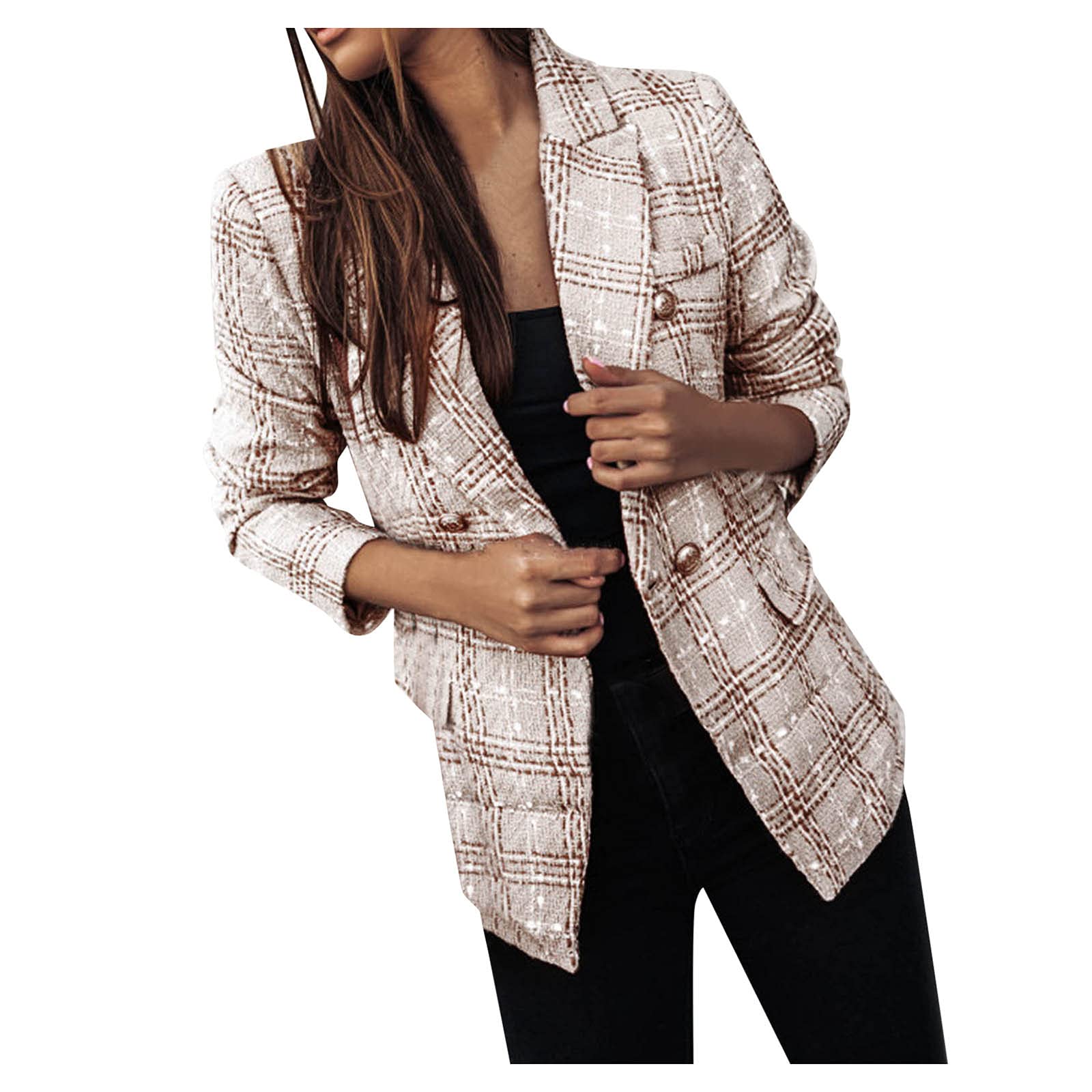 Elegant White Women's Business Attire - Printed Long Sleeve Suit Collar Slimming Cardigan & Double Breasted Blazer Jacket for Office Wear, Professional Outfits & Formal Occasions | Size Large #C4930
