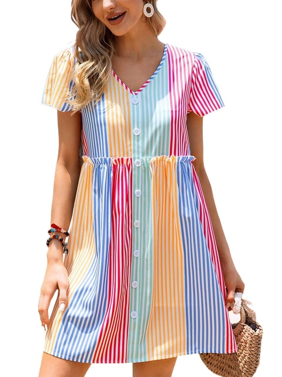 2022 Women's Summer Dresses - Colorful Striped Frilled Smock Dress with Fake Buttons | Beach Vacation, Outdoor Party & Casual Wear