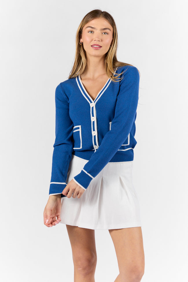 Stylish Navy and Ivory Contrast Trim Cardigan for Women - Perfect for Office Wear, Casual Outfits & Layering | On Sale Now