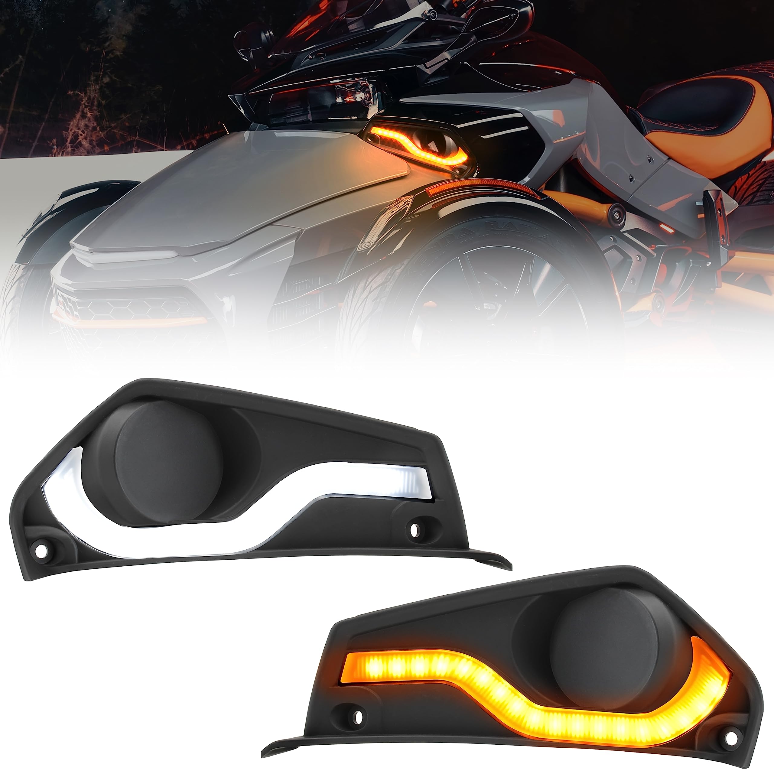 SAUTVS Fog Lamps Cover with LED Daytime Running Lights & Turn Signal Kit for Can-Am Spyder F3 (2015-2020 Models) - 2PCS Replacement Accessories for Enhanced Visibility & Style in Night Driving & Bad Weather Conditions