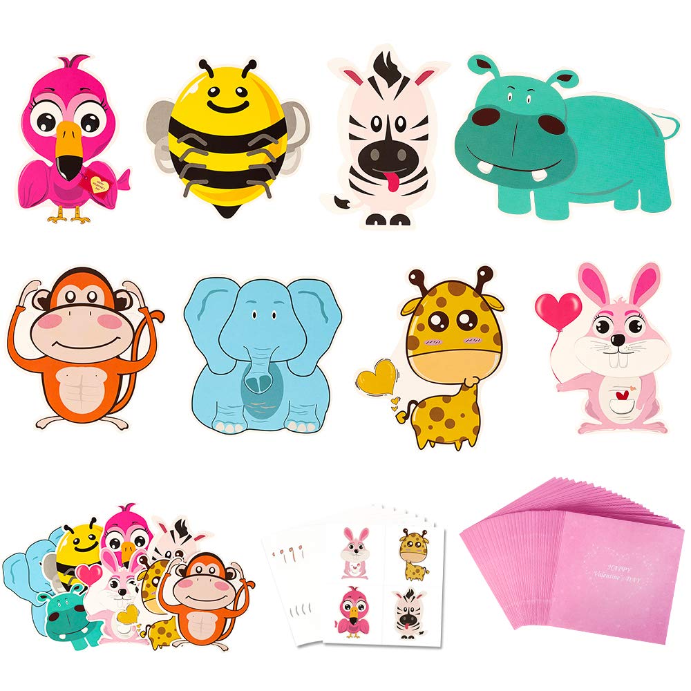 32 Pack Kids Valentine's Day Cards with Temporary Tattoos & Envelopes - Animal Themed Classroom Exchange Greeting Cards for School Parties, Gifts & Friendship Celebrations