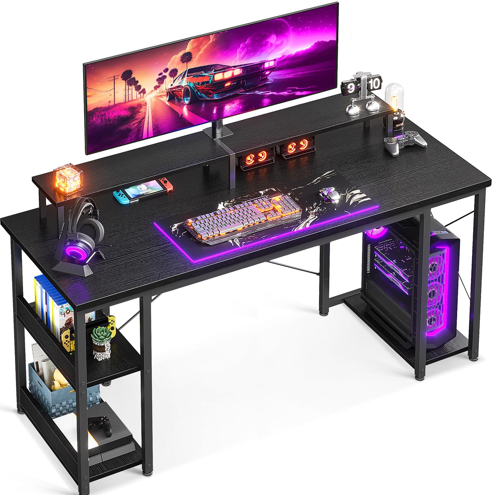 ODK 63 Inch Black Computer Desk with Monitor Shelf & Storage - Gaming Desk, Study Table with CPU Stand & Reversible Shelves for Home Office, Gaming Setup, and Workspace Organization
