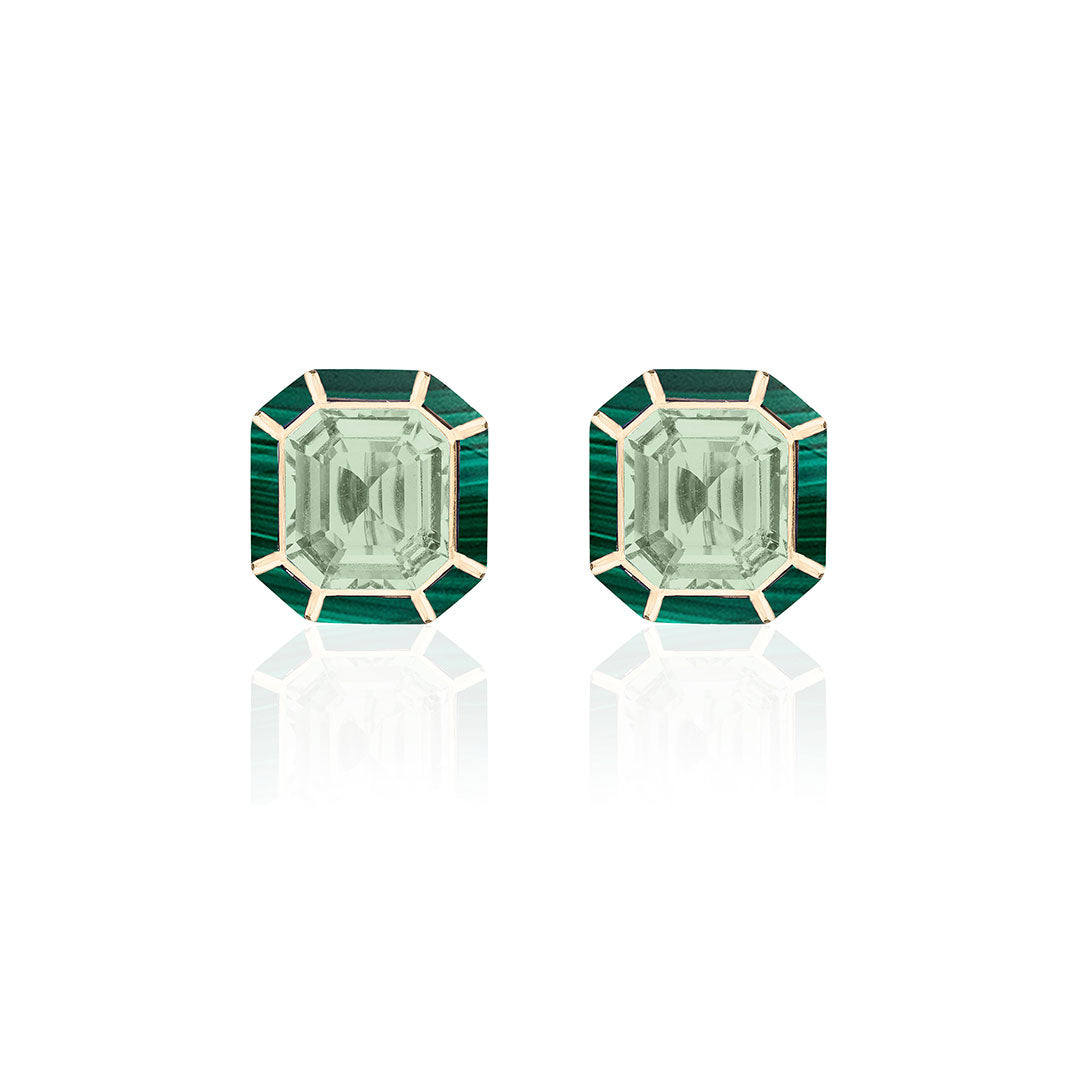 Goshwara 18K Gold Prasiolite & Malachite Inlay Stud Earrings for Women - Elegant Green Gemstone Jewelry for Parties, Weddings & Special Occasions