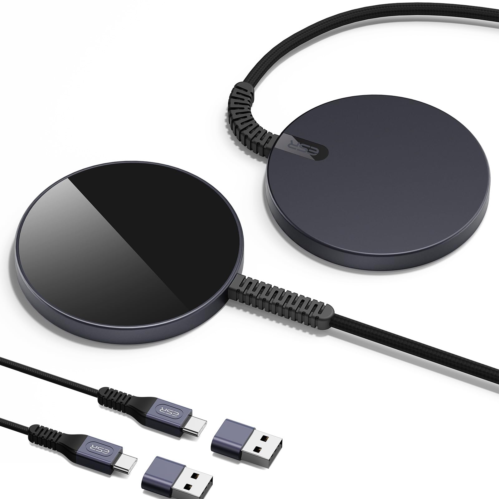 ESR Wireless Charger with MagSafe Compatibility (HaloLock) - Fast Magnetic Charging for iPhone 16/15/14/13/12 Series & AirPods 4/3/Pro | Strong Magnetic Lock | 2-Pack Black | Perfect for Home, Office & Travel Charging
