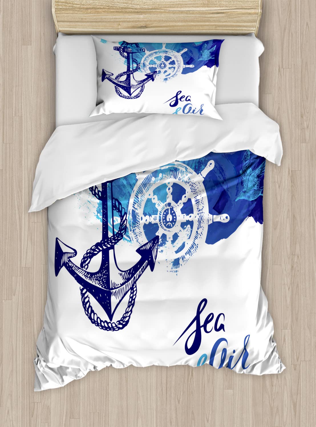 Ambesonne Nautical Duvet Cover Set - Twin Size 2-Piece Blue Ocean Theme with Wind Rose & Rudder Design | Coastal Bedroom Decor | Perfect for Cruise Lovers & Beach House Styling