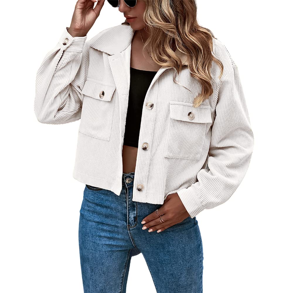 Women's Casual Cropped Corduroy Button Down Shirt - Boyfriend Style Long Sleeve Blouse with Collar - Versatile Shacket for Work, Date Night & Fall Layering