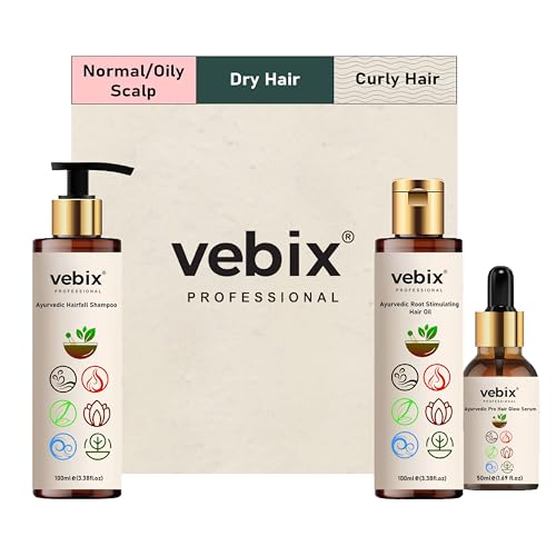Vebix Professional Ayurvedic Hair Care Kit - Anti Hair Fall Oil, Neem & Lotus Shampoo, Hair Growth Serum - 3 Product Set for Hair Loss Control & Regrowth | Perfect for Daily Hair Care Routine & Scalp Health Maintenance