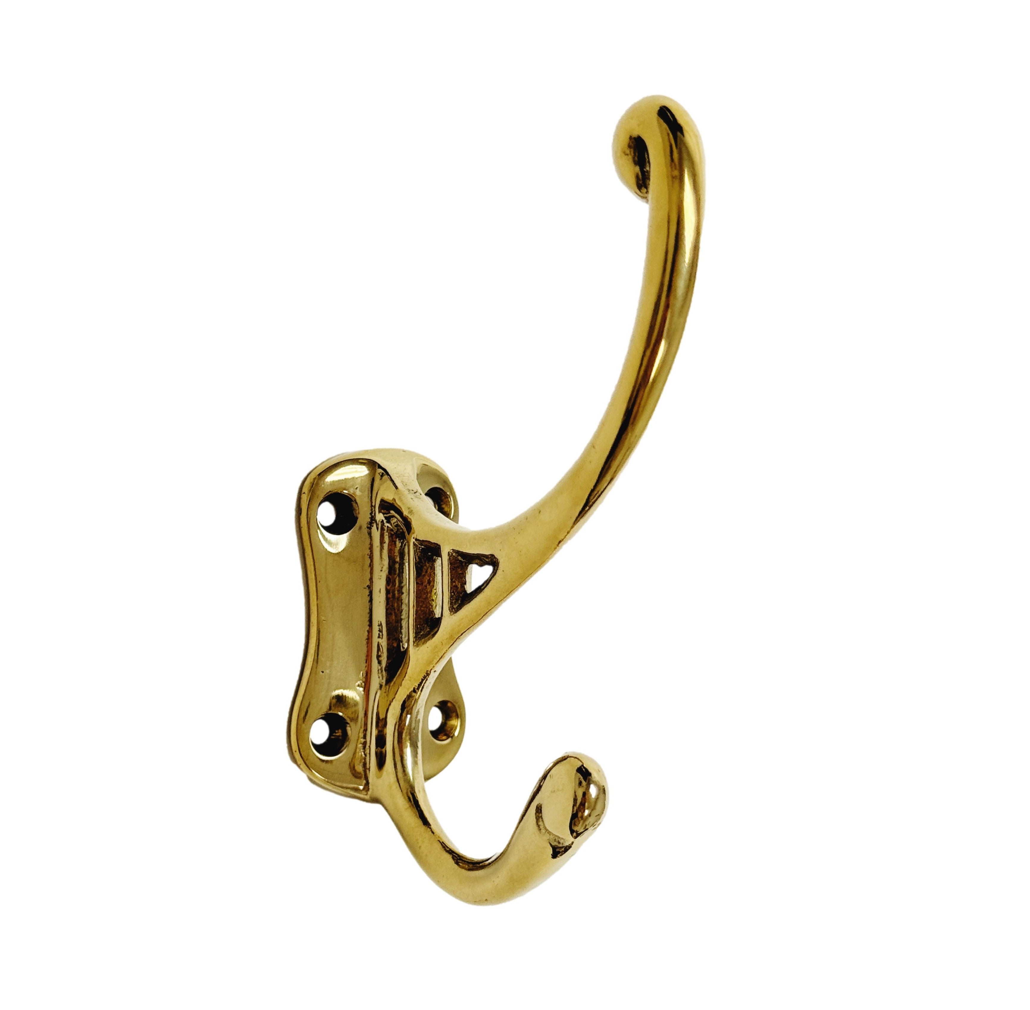Vintage Style Polished Unlacquered Brass Double Wall Hook - Heavy Duty Coat Hanger for Entryway, Bathroom & Bedroom Organization