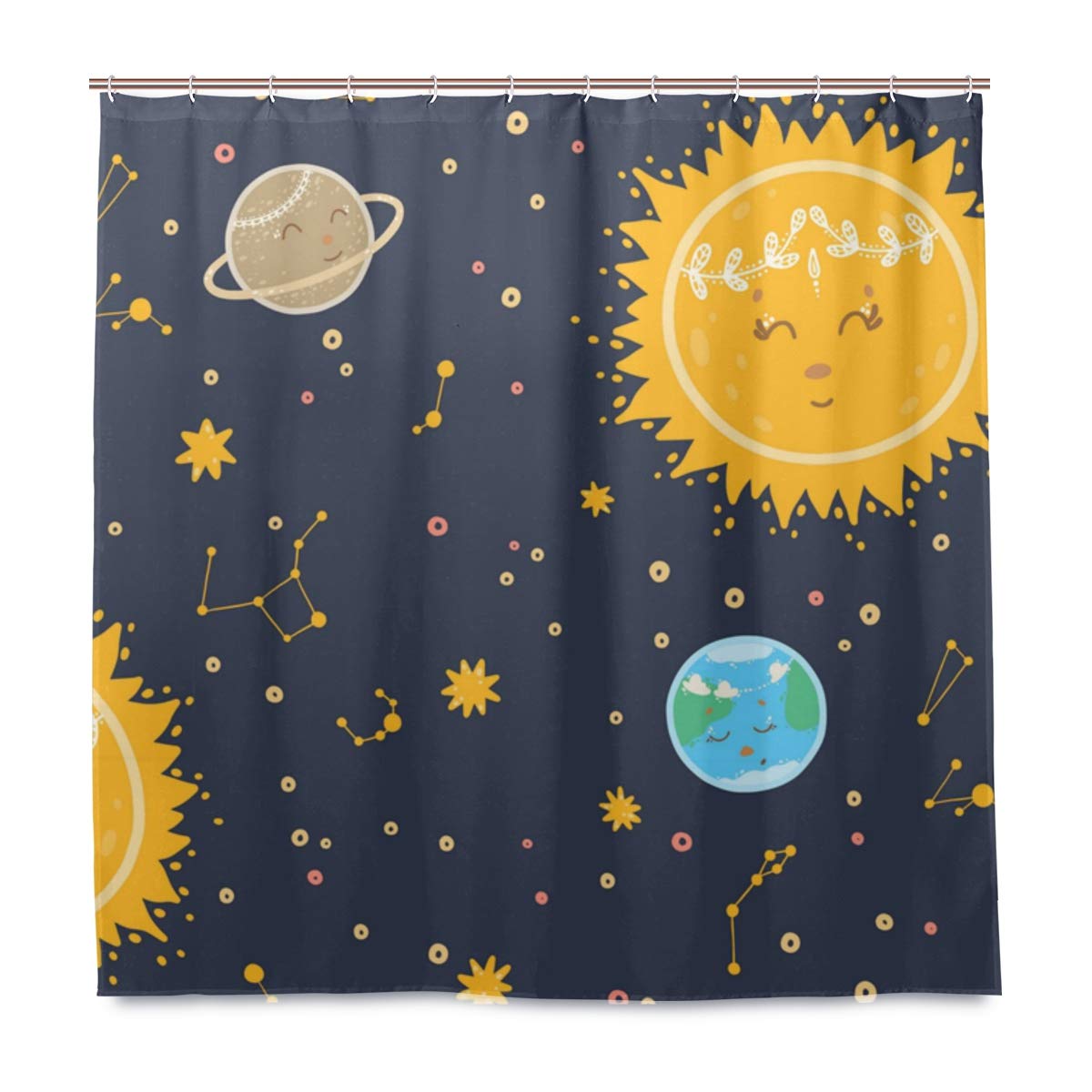 Cute Cartoon Planets Bath Shower Curtain 72x72 Inch - Waterproof Fabric with Hooks, Hotel & Home Bathroom Decor for Kids & Adults - Perfect for Themed Bathrooms and Space Lovers