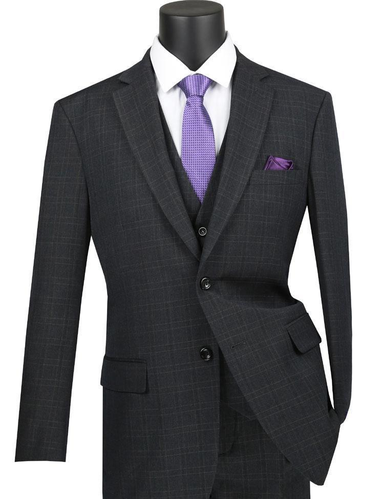 Vinca Collection Men's Black Glen Plaid 3-Piece Suit - Regular Fit Business Formal Wear for Weddings, Office & Special Occasions