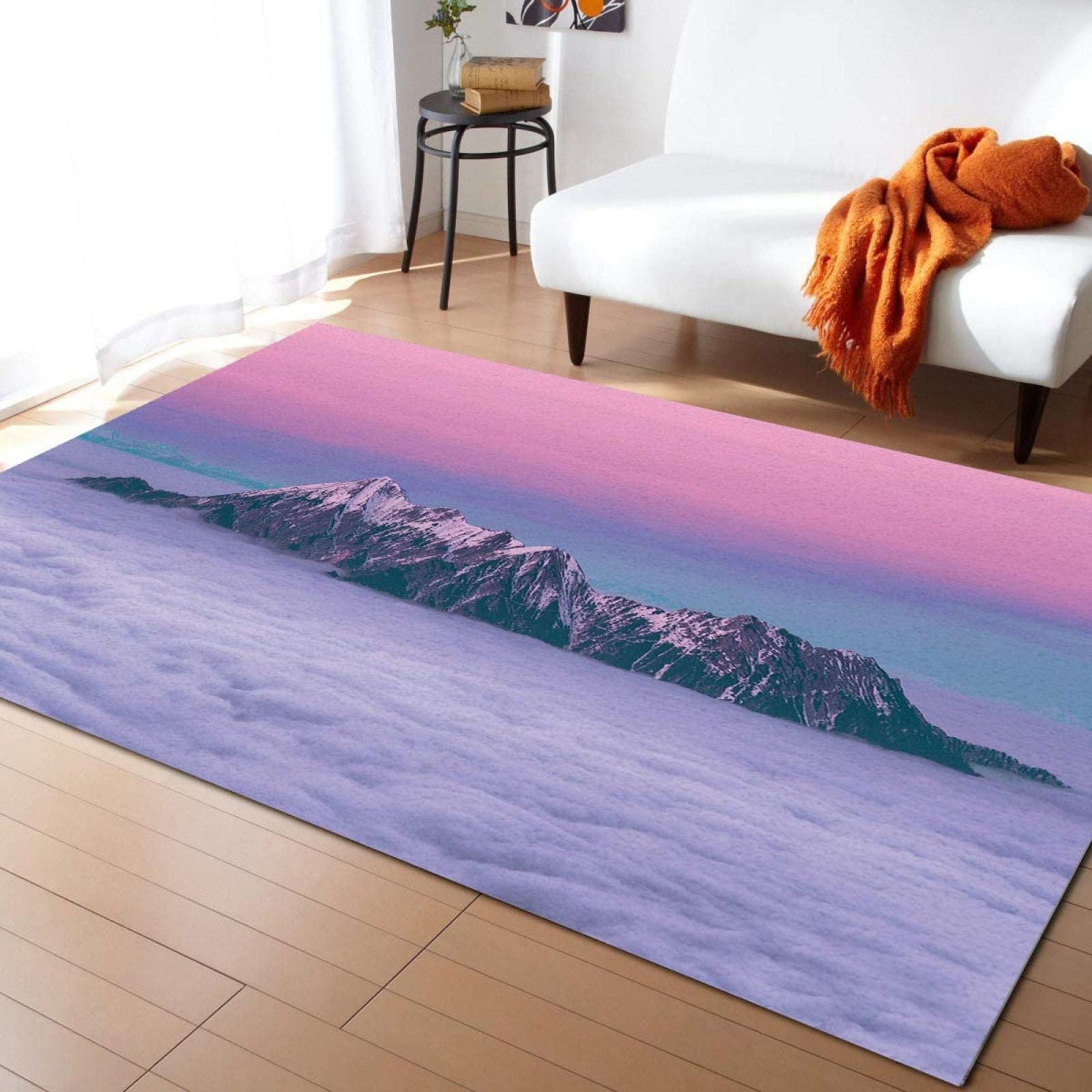 Pink Snow Mountain Sunset Area Rug - Non-Slip Cloud Sea Scenery Carpet for Bedroom, Living Room, Dining Room & Office | 5x7ft Soft Home Decor Rug with Easy Clean & Durable Backing | Perfect for Cozy Spaces, Meditation Rooms & Boho Chic Interiors