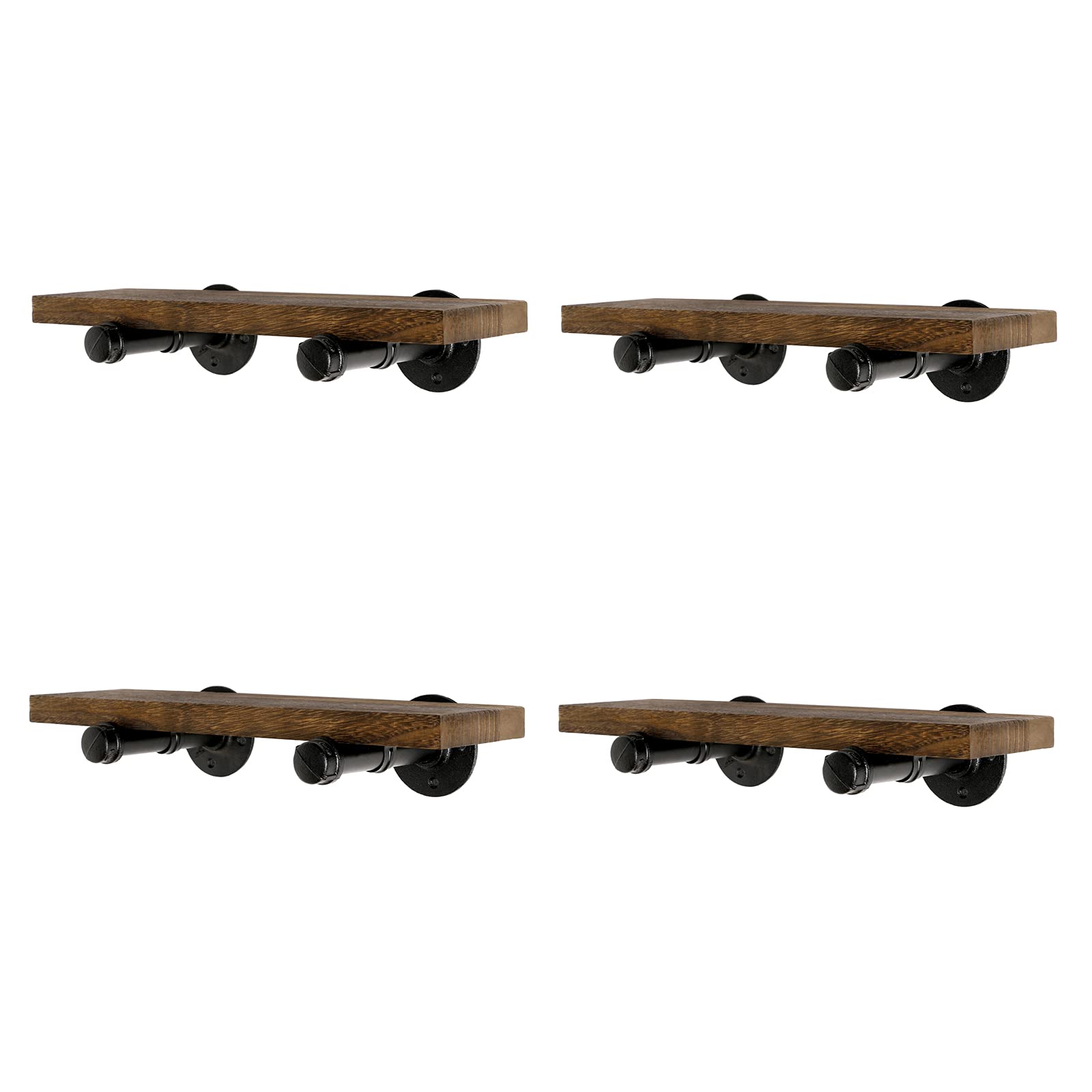 Industrial Pipe Floating Shelves Set of 4 - Rustic Brown Wall Mounted Wood Storage Shelves for Bedroom, Living Room, Bathroom, Kitchen & Office - Perfect for Displaying Books, Decor & Organizing Small Items