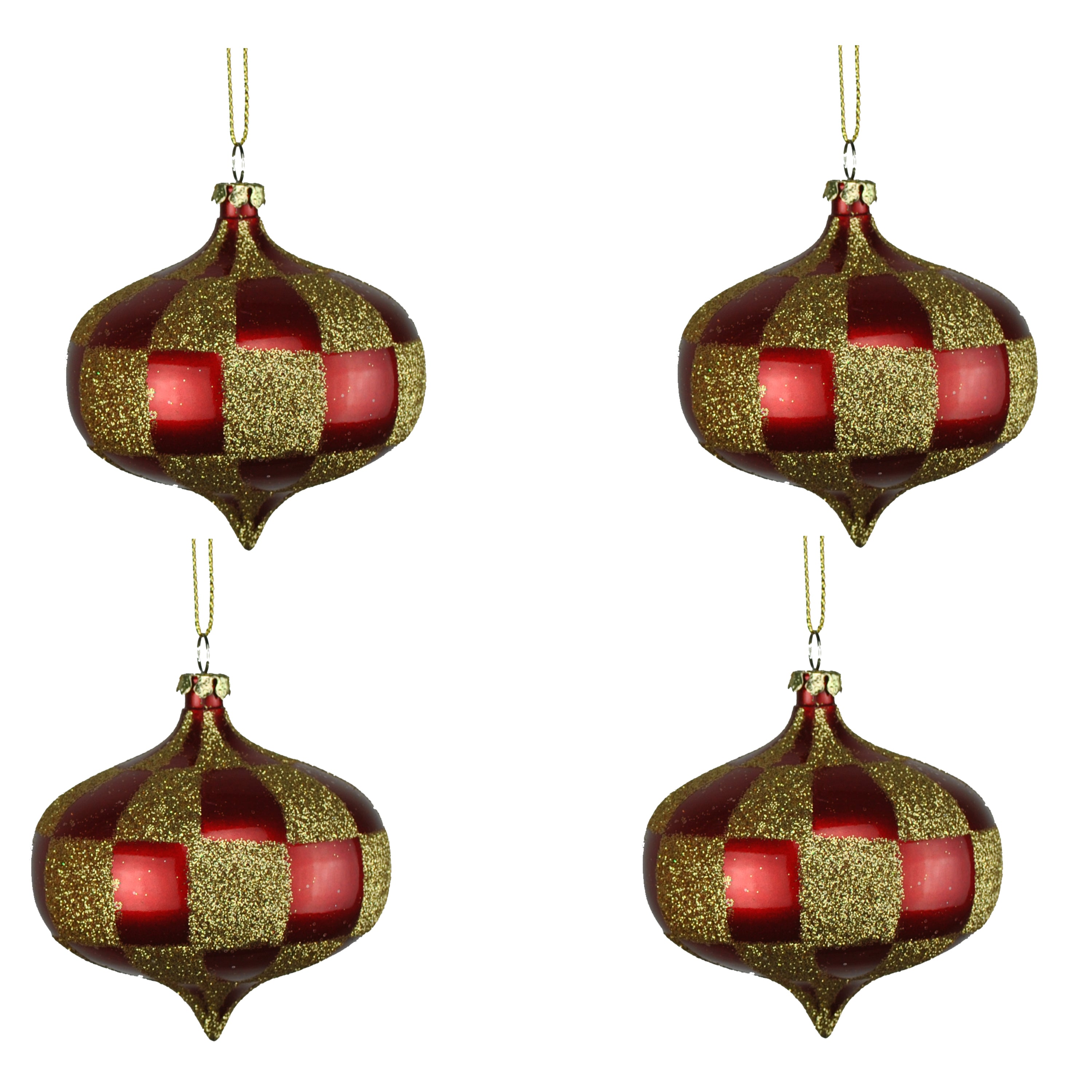 4 Pack Red & Gold Checkered Onion Ornaments with Glitter - Christmas Tree Decorations, Holiday Party Favors, Festive Home Decor for Xmas, Thanksgiving & Winter Celebrations