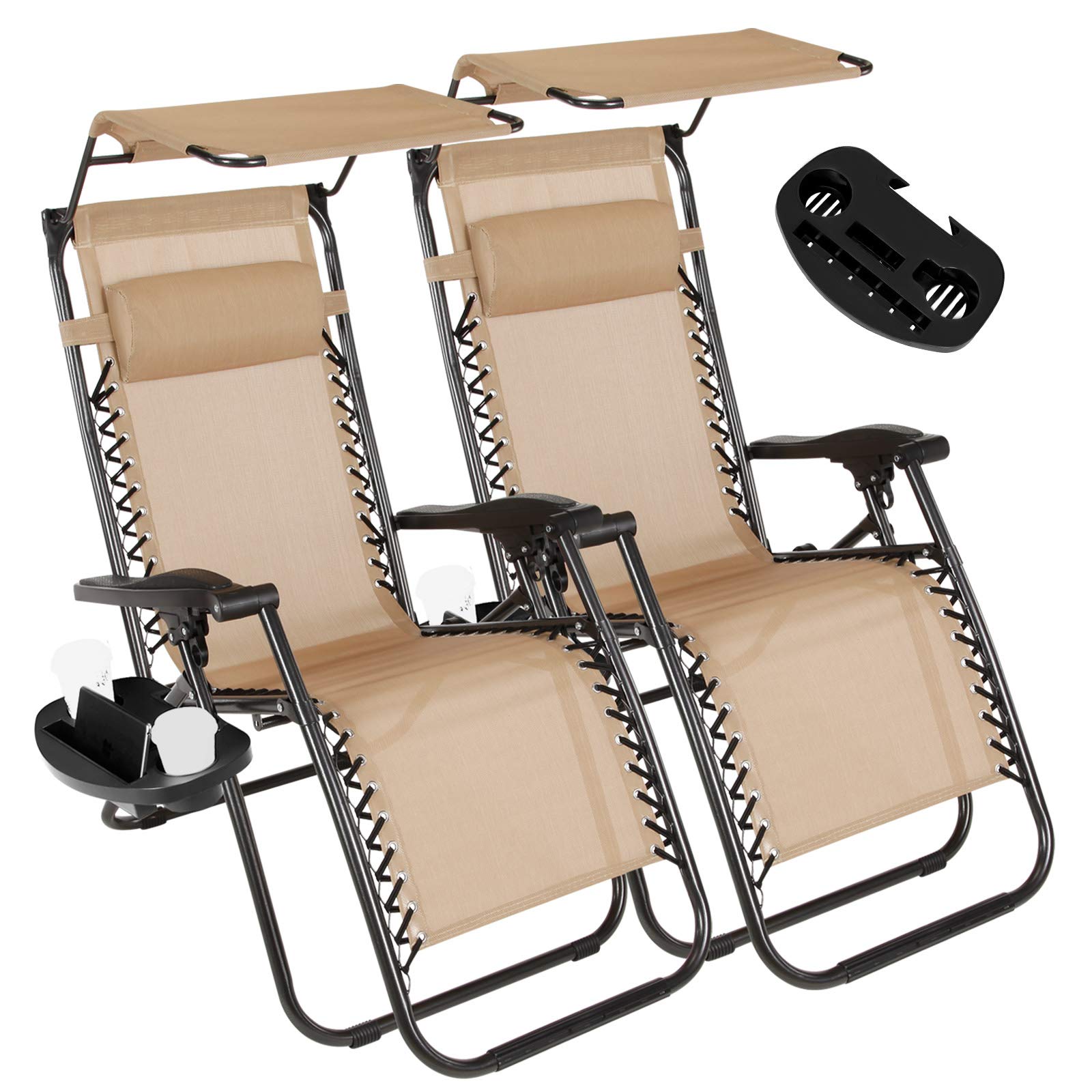 2 Pack Adjustable Zero Gravity Lounge Chair with Pillow & Canopy Shade - Portable Folding Recliner for Outdoor, Patio, Beach, Pool, Camping & Backyard Relaxation (Tan) - Perfect for Sunbathing, Reading & Lounging