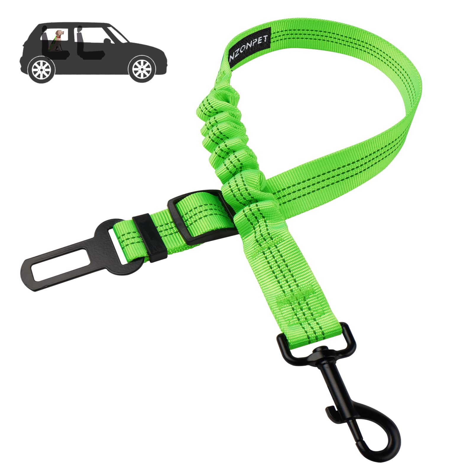 **Nzonpet Retractable Dog Car Seat Belt - Heavy Duty Pet Safety Harness with Reflective Strips, Stainless Steel Hook & Elastic Bungee Buffer for Secure Car Travel - Ideal for Road Trips, Daily Commutes & Pet Safety (Green)**