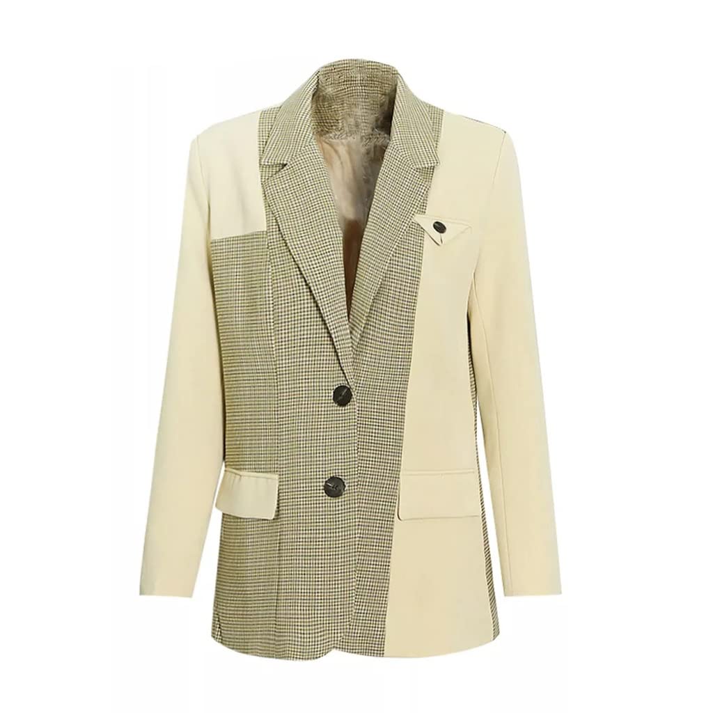WDBBY Women's Casual Colorblock Blazer - Notched Collar Long Sleeve Plaid Loose Jacket, Spring Fashion Outerwear (Yellow, Size M) | Perfect for Office Wear, Business Casual & Spring Outfits