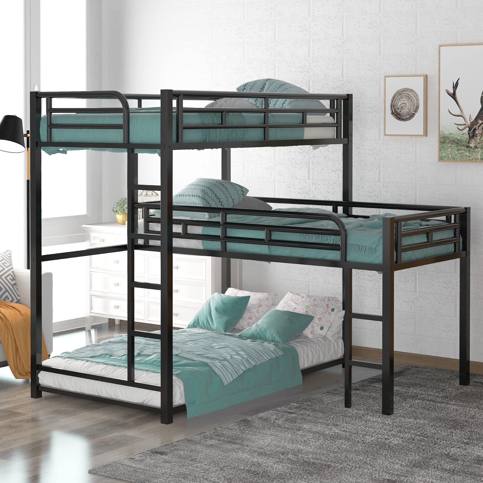 VOGU Metal Triple Bunk Bed - Twin Size L-Shaped 3-Tier Bunk Bed Frame with Ladder & Full-Length Guardrails - Space-Saving Kids & Teens Bedroom Furniture for Small Rooms, Dorms, or Shared Bedrooms - Black