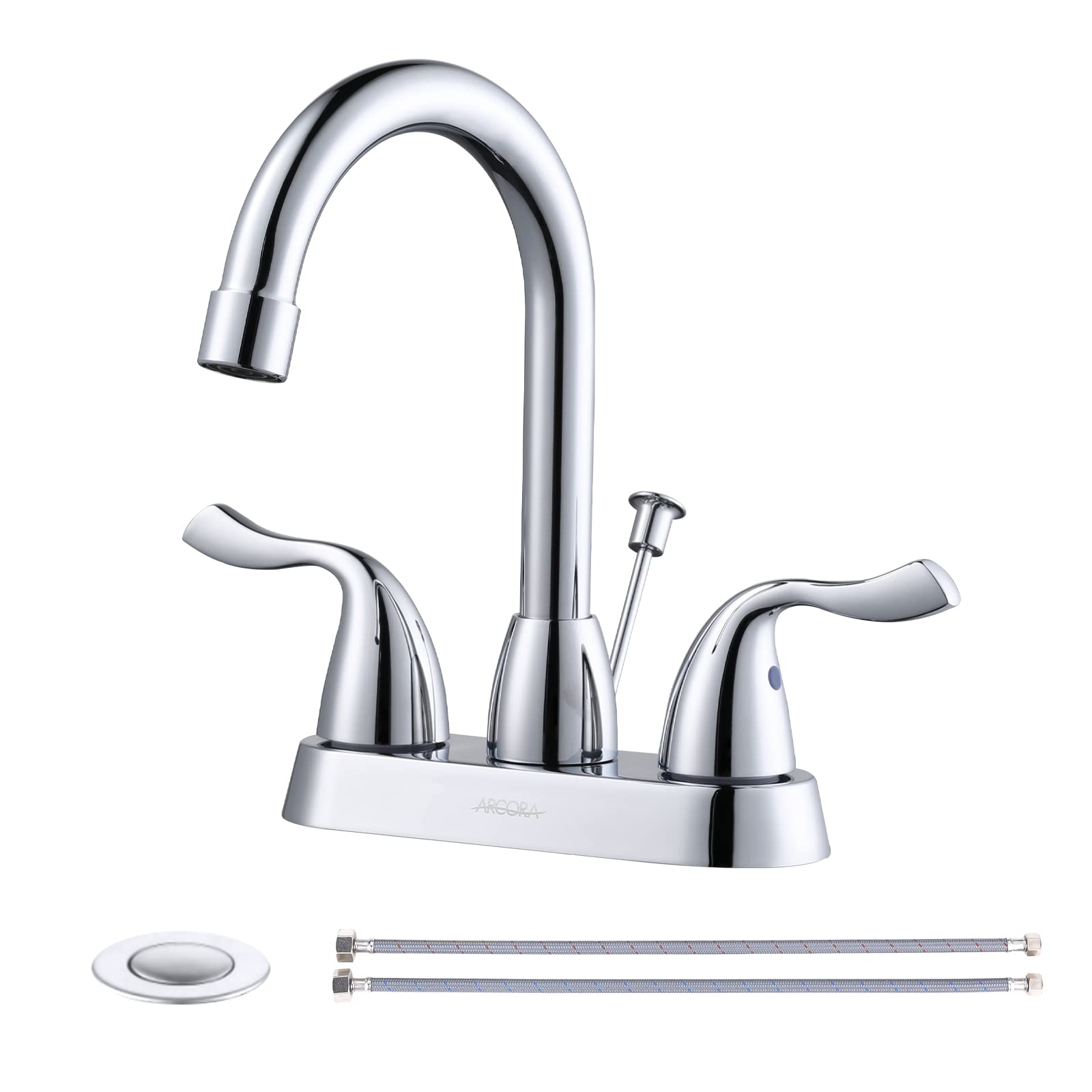ARCORA 2-Handle 4-Inch Centerset Bathroom Faucet in Chrome - Includes Drain Assembly & Supply Hoses - 3-Hole Mount Bathroom Sink Faucet for Vanities, Powder Rooms & Guest Baths