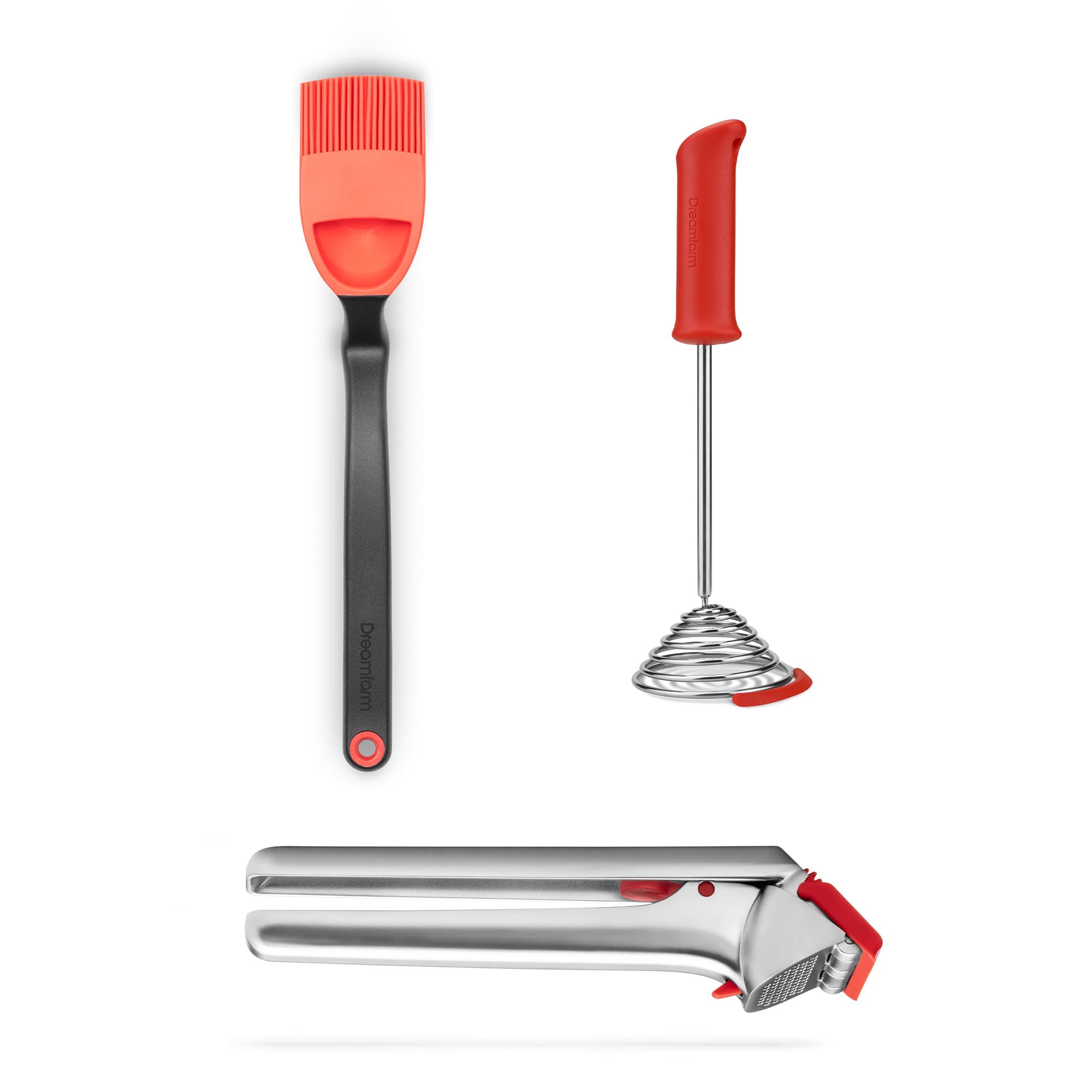 Dreamfarm Brizzle, Smood & Garject 3-in-1 Kitchen Tool Set - Basting Brush, Potato Masher & Garlic Press - Dishwasher Safe Thanksgiving Cooking Essentials - Perfect for Basting Turkey, Mashing Potatoes & Crushing Garlic - Red
