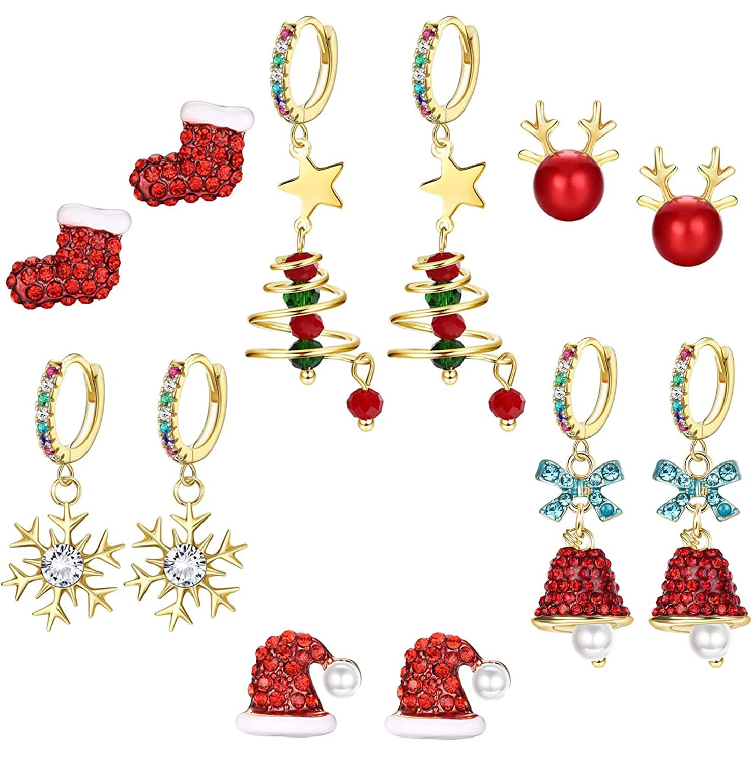 6 Pairs Christmas Hoop Dangle Earrings for Women - Gold Plated Snowflake, Bell, Xmas Tree, Reindeer & Santa Hat Drop Earrings Set | Holiday Party, Gift Exchange, Festive Outfit Accessories