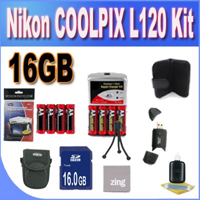 Nikon COOLPIX L120 Digital Camera Bundle with 16GB Memory Card, 8 AA Rechargeable Batteries, Rapid Charger & Accessory Kit - Perfect for Travel Photography, Family Events & Outdoor Adventures