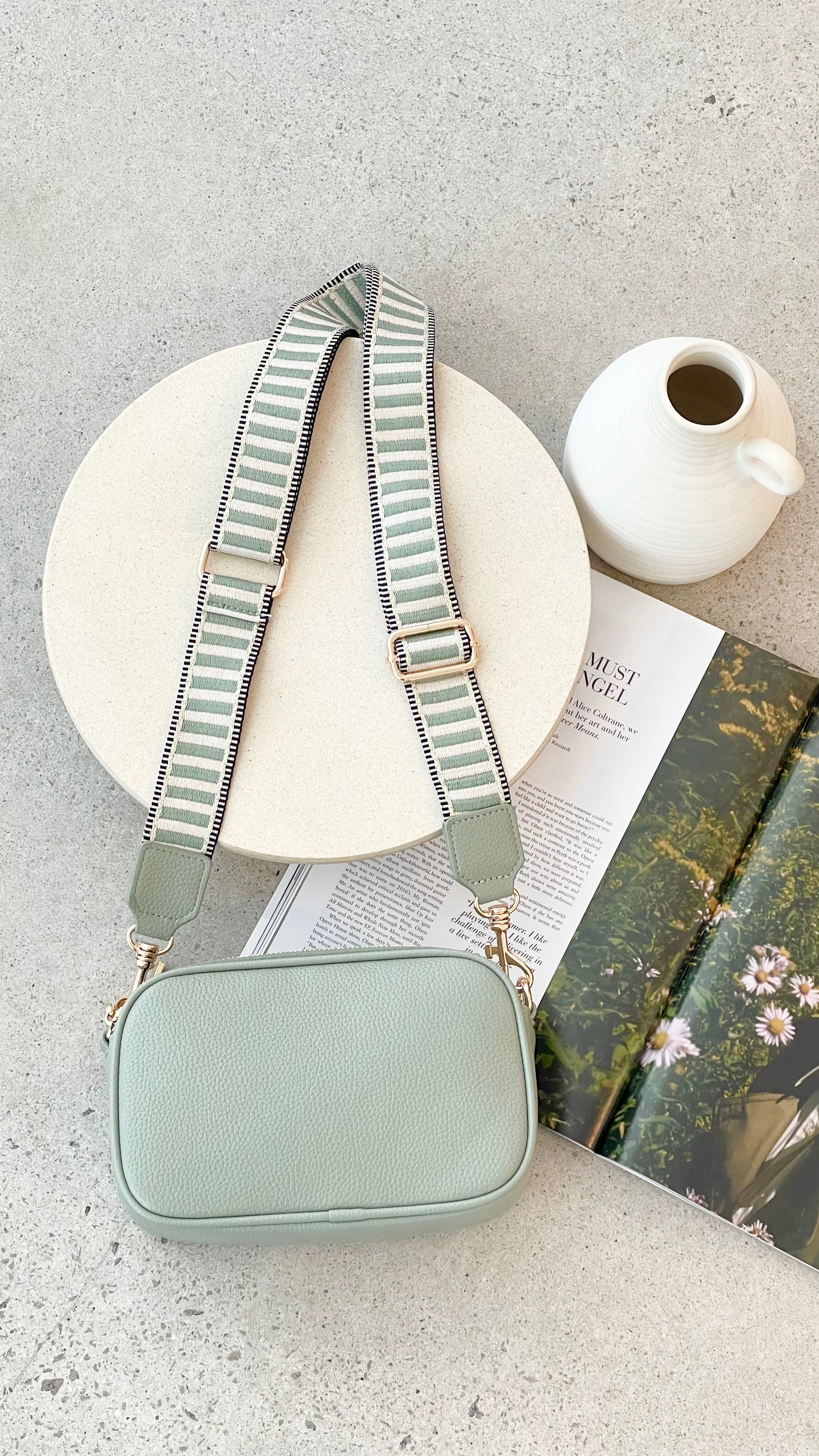 Bella Striped Webbing Camera Bag for DSLR & Mirrorless - Sage Green Crossbody Sling Bag for Travel, Hiking & Everyday Use