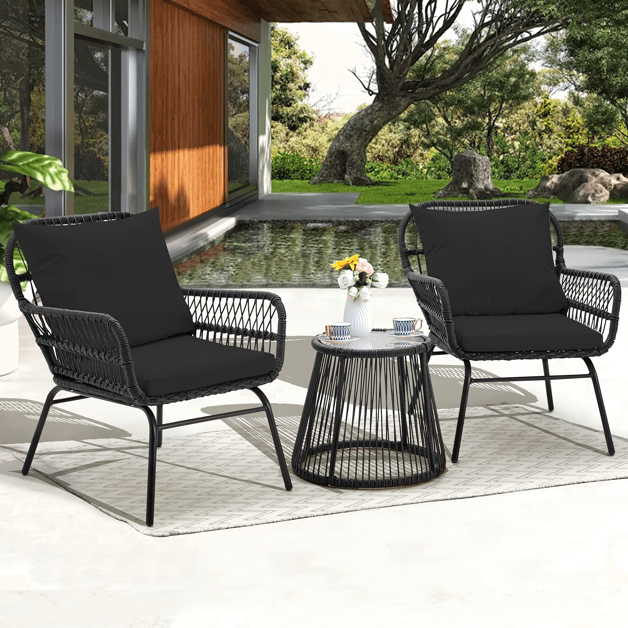EROMMY 3-Piece Outdoor Bistro Set with Tempered Glass Table & 2 Ergonomic Armchairs - Black Patio Furniture for Garden, Balcony or Backyard Relaxation