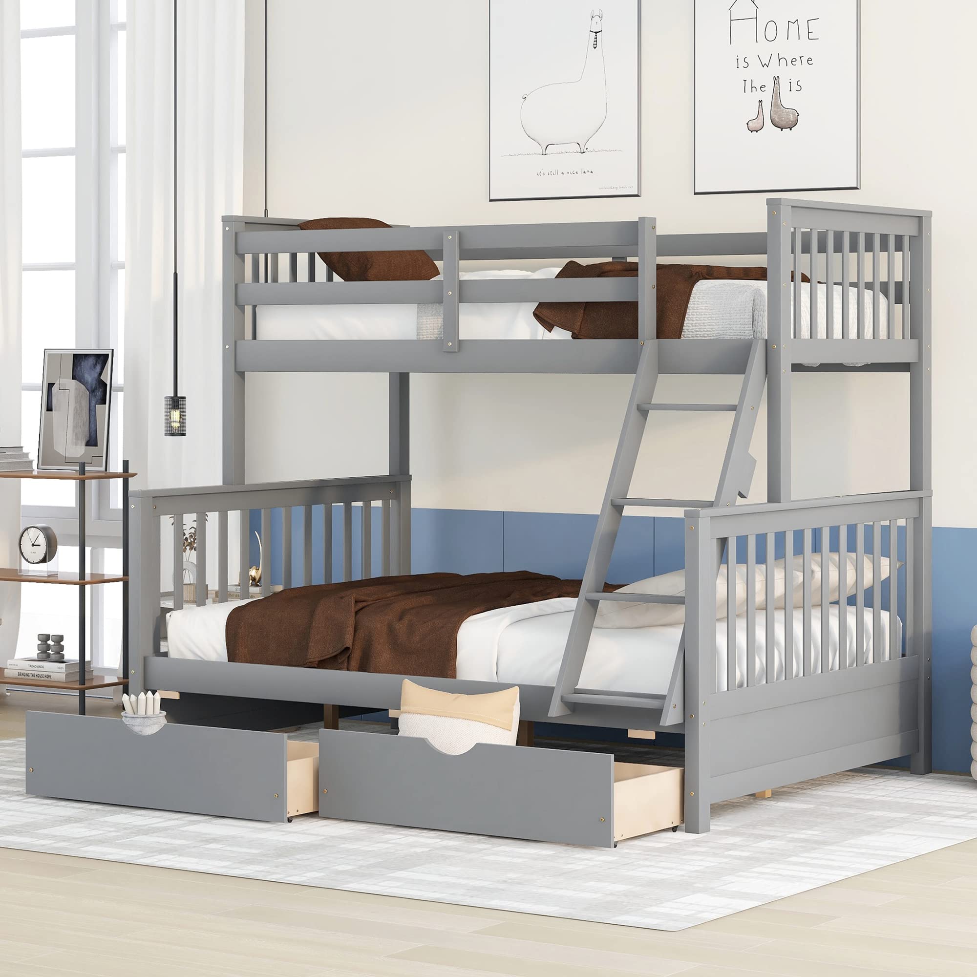 P PURLOVE Twin Over Full Bunk Bed with Storage, Wooden Frame & Ladder - Space-Saving for Kids & Teens Bedroom (Gray)