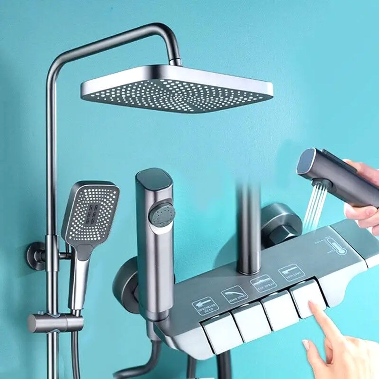 InArt Wall Mixer Shower Panel - SS304 Stainless Steel Thermostatic Shower System with Rainfall & Waterfall Modes, Gun Grey Finish, Easy Installation (Complete Set) - Perfect for Modern Bathrooms & Spa-Like Shower Experience