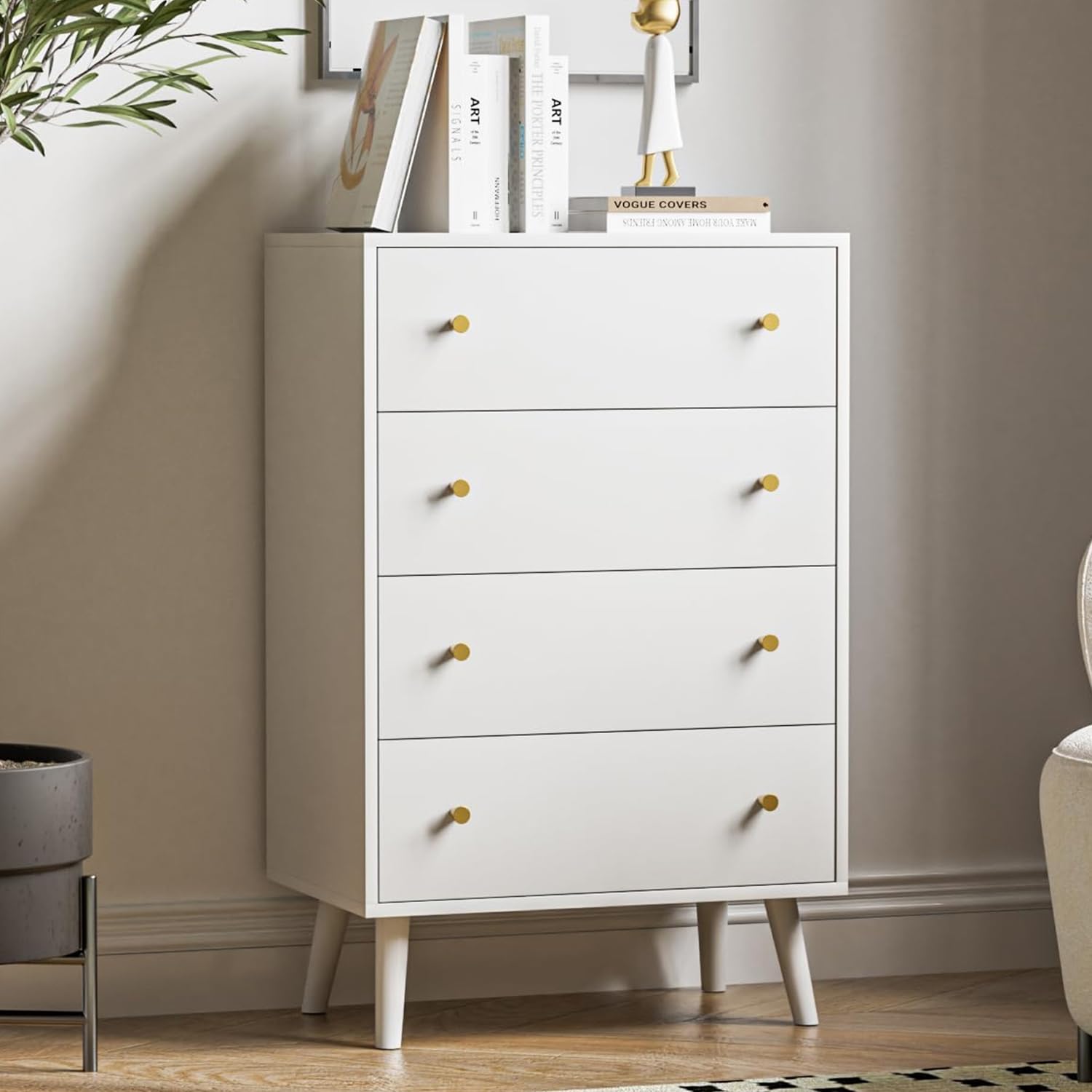 Modern White Dresser with 4 Drawers & Gold Handles - Elegant Chest of Drawers for Bedroom Storage - Perfect for Master Bedroom, Guest Room & Nursery Organization