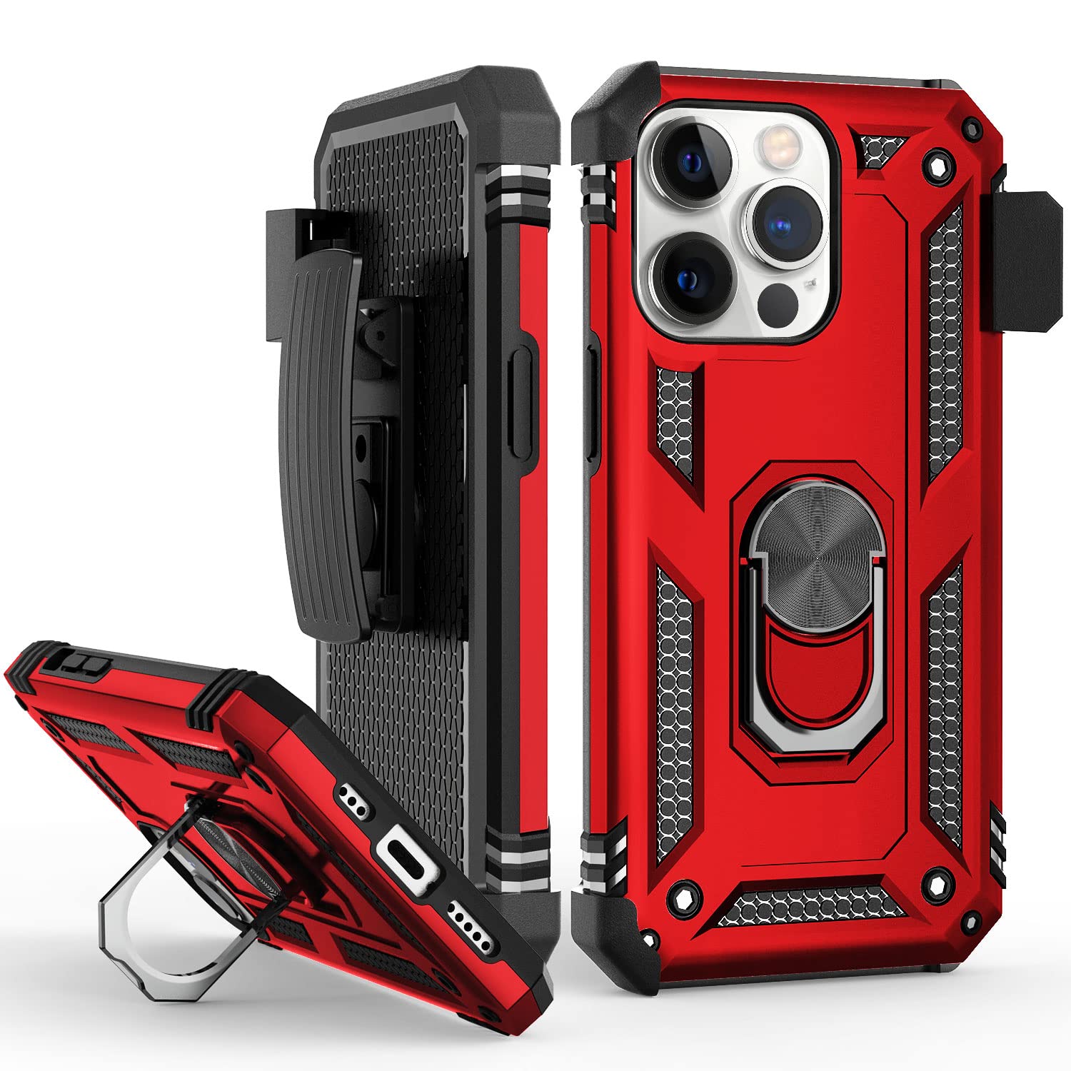 Shockproof Magnetic Phone Case for iPhone 13 Pro - Heavy Duty Full Coverage with Rotating Ring Holder & Kickstand | Includes Holster Belt Clip | Perfect for Outdoor Activities, Work & Travel (Red)