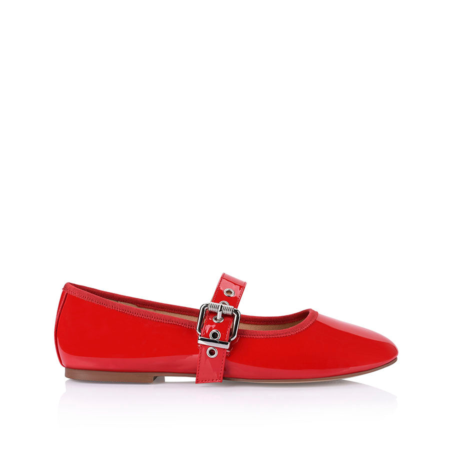 **Red Patent Leather Mary Jane Flats for Women - Comfortable Buckled Ballet Shoes for Work, School & Casual Outfits**
