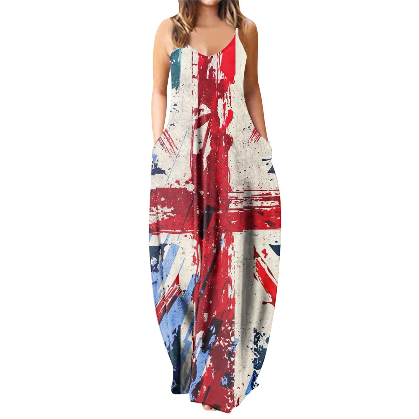 Women's Summer Casual Loose Sleeveless Maxi Dress with Slits - Patriotic Independence Day Print Flowy Beach Dress for Vacation, Party & Outdoor Events