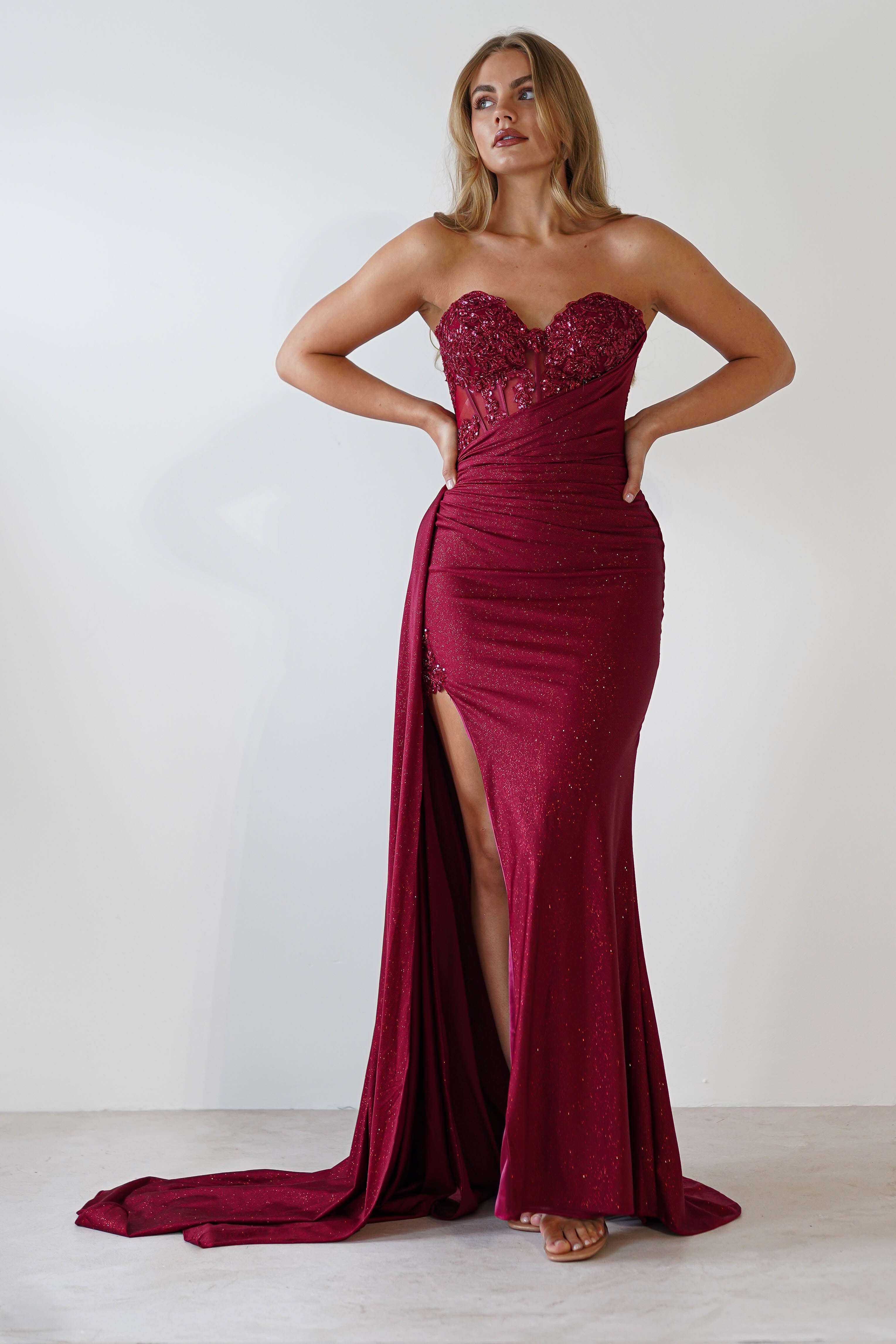 Lavelle Glitter Bodycon Gown - Burgundy Red Sequin Party Dress for Women | Perfect for Evening Events, Prom, Cocktail Parties & Special Occasions