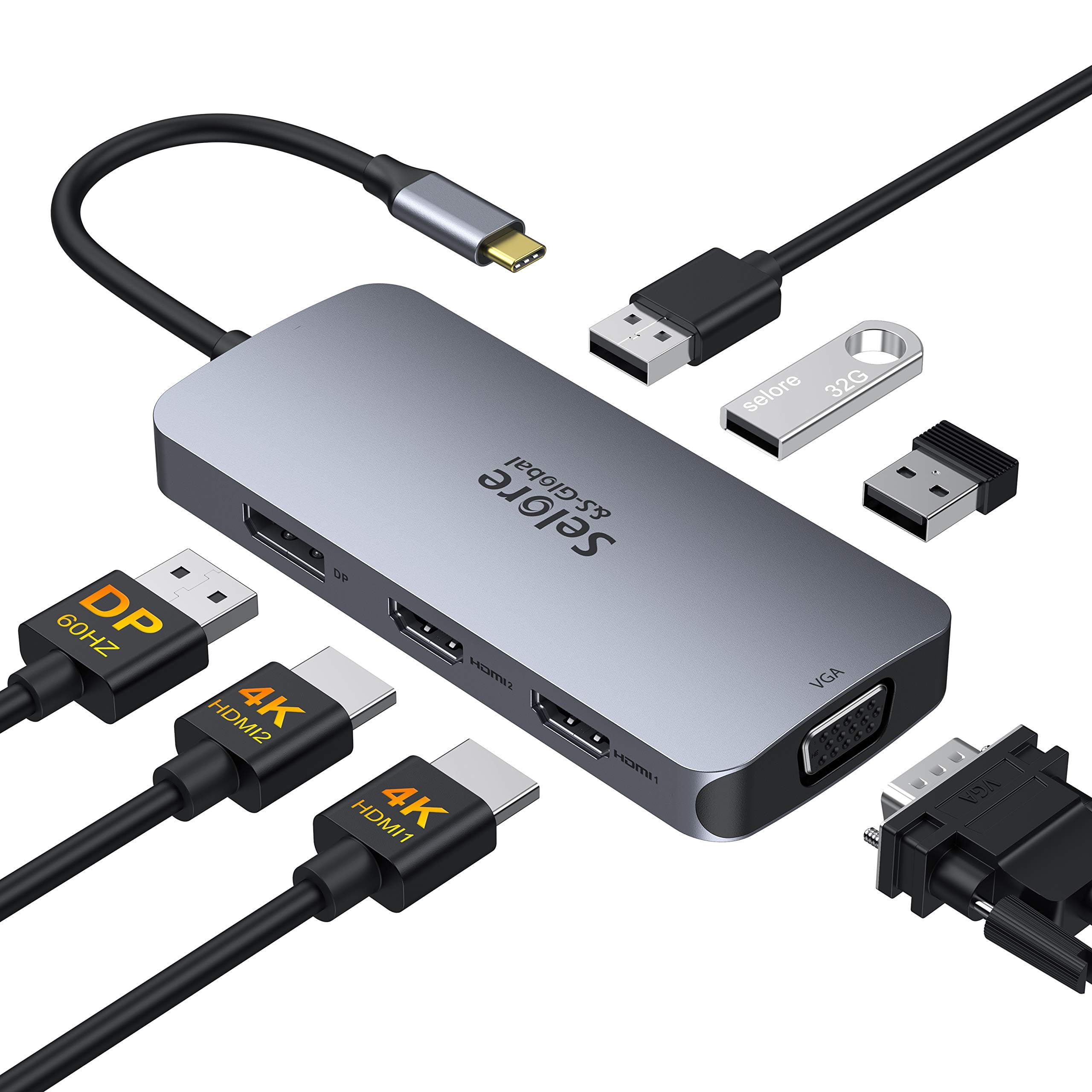 7-in-1 USB C Docking Station with Dual HDMI & DisplayPort - USB C to Dual HDMI Adapter with VGA, 3x USB 2.0 Ports - Multi Monitor Adapter for Dell XPS 13/15, Lenovo Yoga, Huawei Matebook X Pro - Perfect for Home Office, Gaming & Video Conferencing