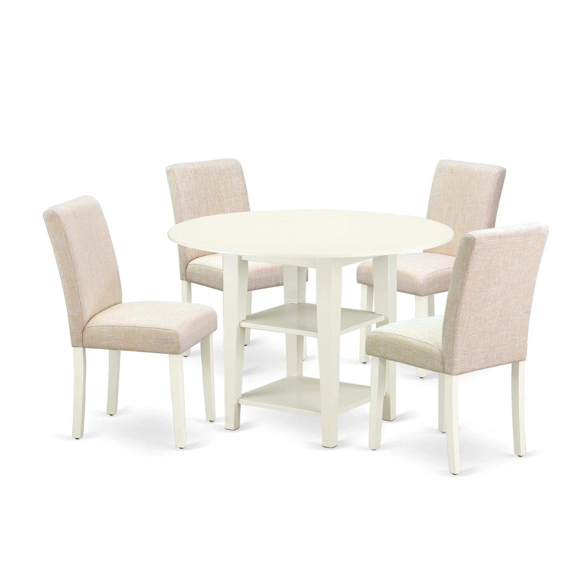 East West Furniture 5-Piece Kitchen Table Set with Round Drop-Leaf Dining Table & 4 Upholstered Chairs - 42 Inch, Linen White - Perfect for Small Spaces, Breakfast Nooks & Cozy Dining Rooms