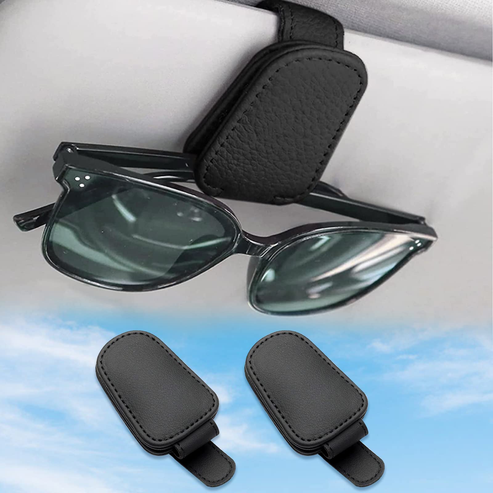 Adofect 2 Pack Magnetic Sunglasses Holders for Car Visor - Durable Leather Eyeglass Hanger Clips, Secure Car Visor Accessories (Black) - Perfect for Driving, Travel, and Outdoor Adventures