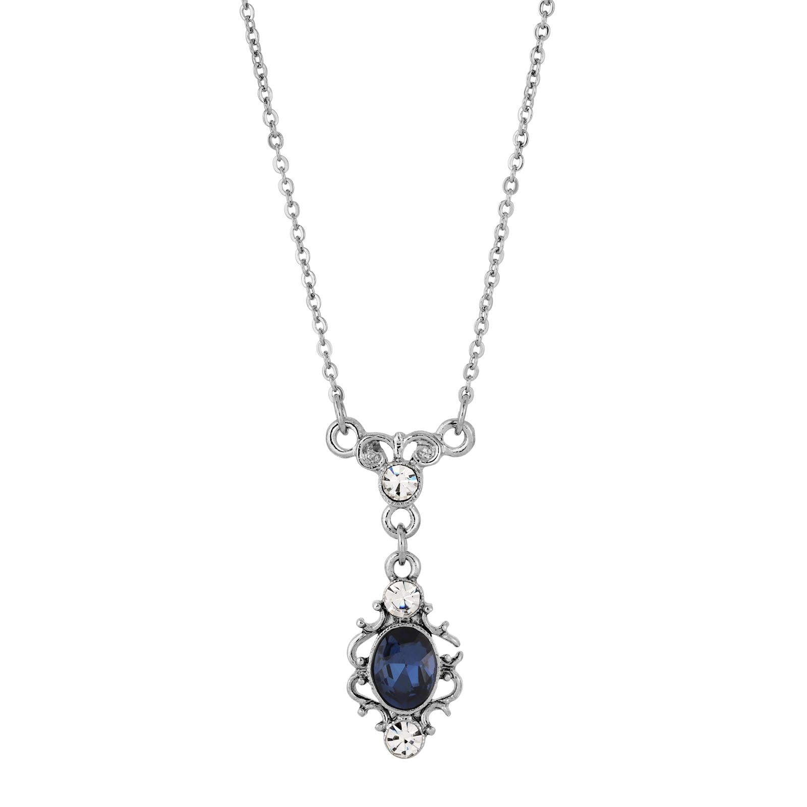 1928 Bridal Dark Blue Oval Crystal Filigree Pendant Necklace - 16