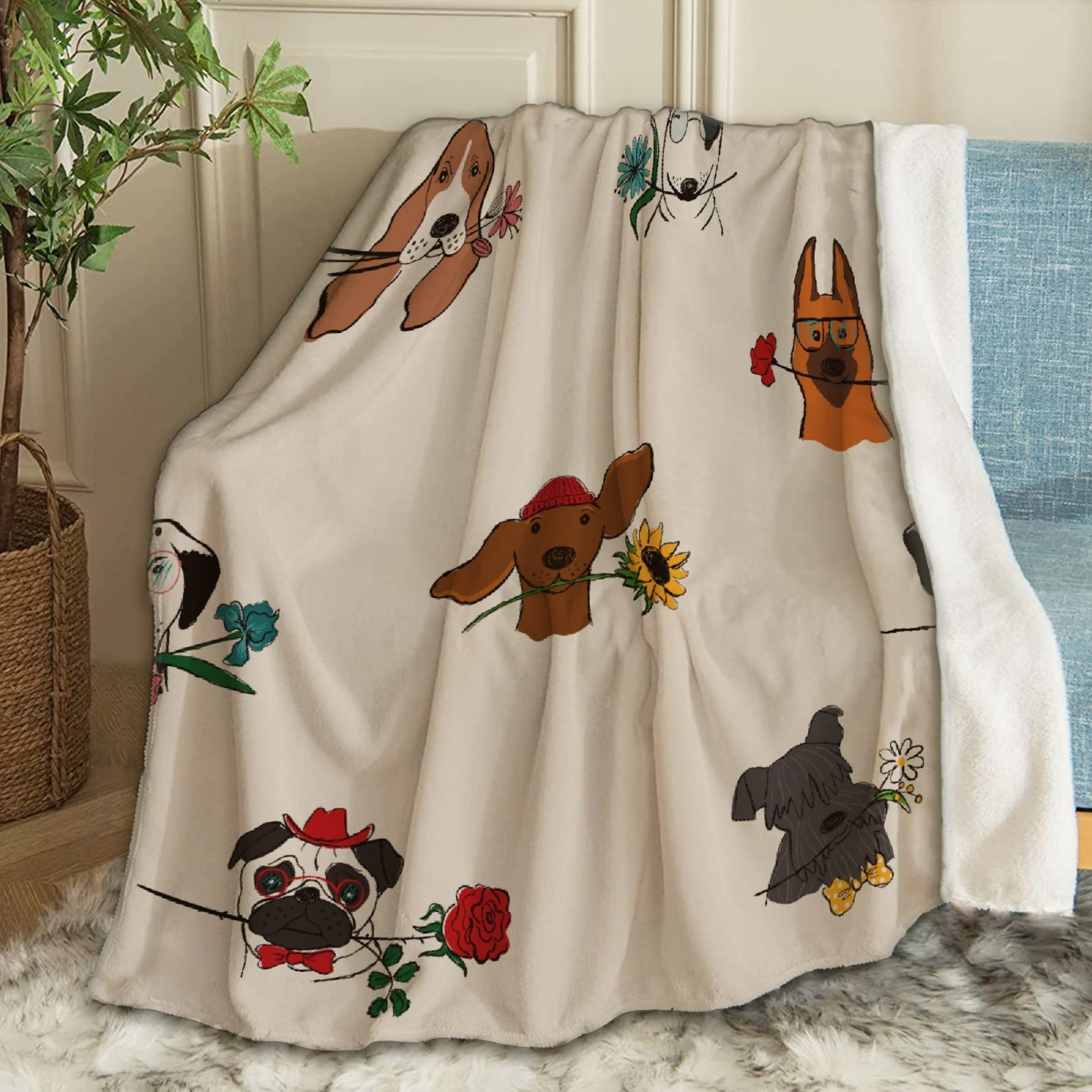 ANIMEBLANKET Dogs Holding Flowers Cute Fleece Throw Blanket - Super Soft 60