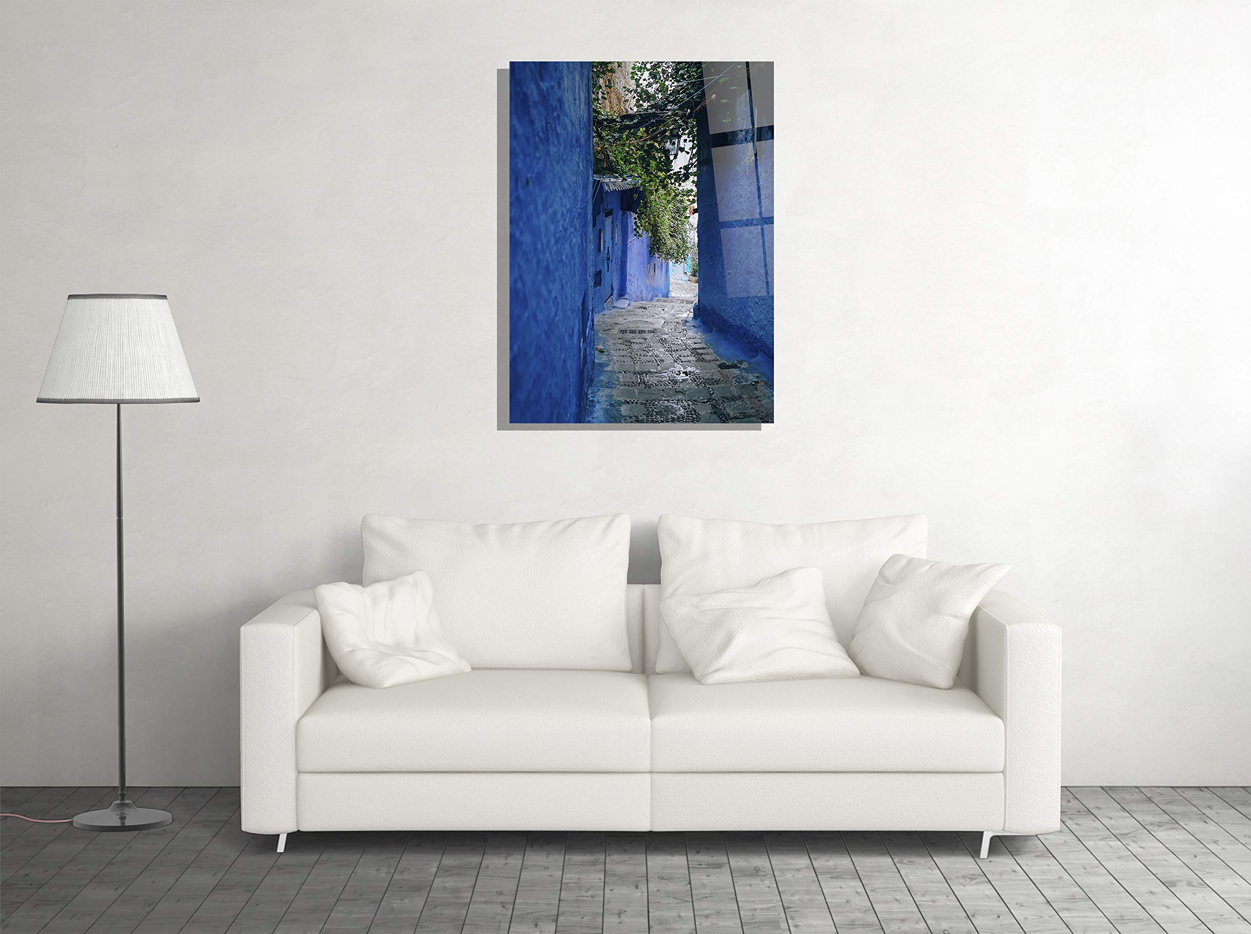 Santorini Narrow Street Tempered Glass Wall Art - Greece Landscape Home Decor, Office & Hotel Wall Art - Modern Framed Glass Print (24x36) - Perfect for Living Room, Bedroom, or Office Decoration