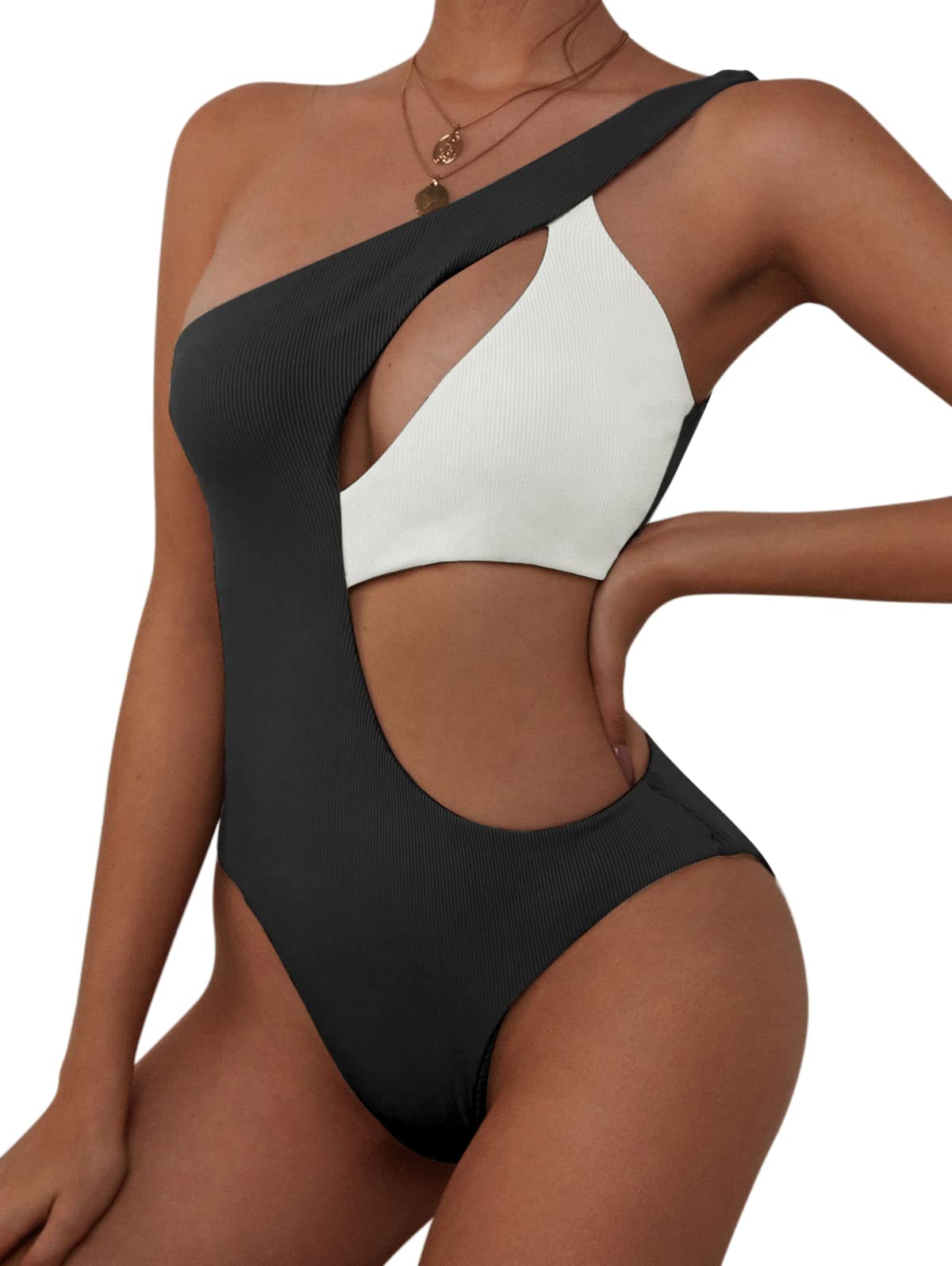 ZAFUL Women's One Shoulder Ribbed Bikini - Colorblock Cutout One-Piece Swimsuit | Sexy Swimwear for Beach, Pool & Summer Vacation