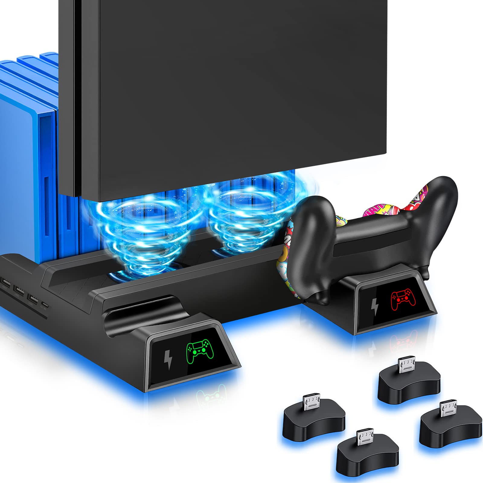 RIIKUNTEK PS4 Vertical Stand with Cooling Fan - Compatible with PS4, PS4 Slim & PS4 Pro | Dual Controller Charger, 12 Game Storage & 3 USB Ports | Perfect for Gaming Setup & Console Organization (Black)