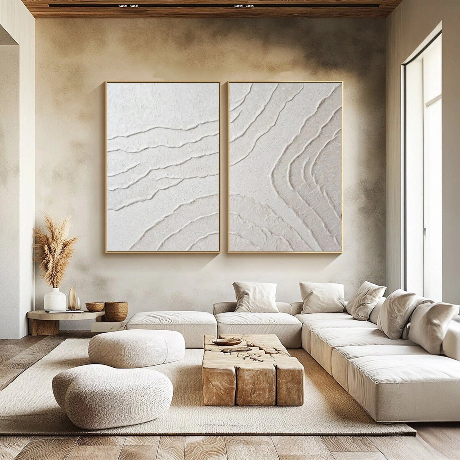 White Minimalist Textured Painting Canvas Set of 2 - Modern Abstract Wall Art for Living Room & Bedroom Decor #MM305
